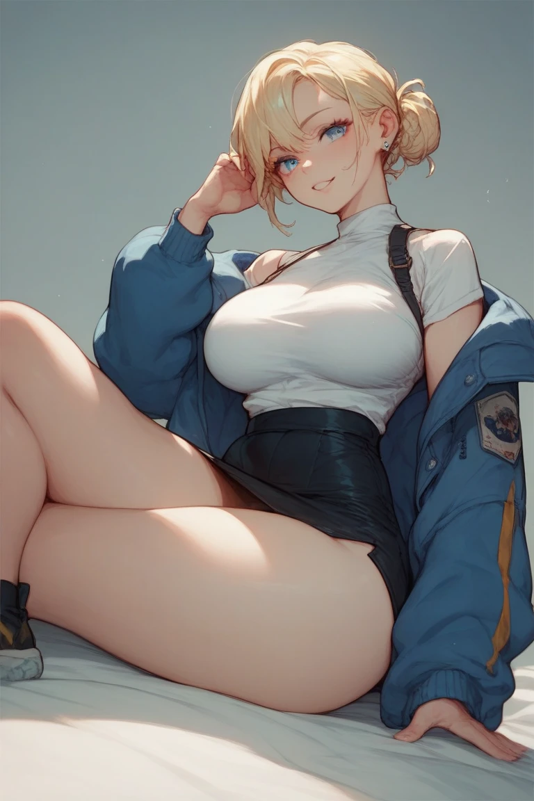 asuna (blue archive), blue archive, 1girl, bare legs, blue eyes, blue hoodie, blurry, blurry background, blush, breasts, large breasts, light brown hair, (((pixie cut))), (((asymmetric pixie cut))), (((side parting pixie cut))), long sleeves, looking at viewer, solo, Beautiful girl, big, sea, emphasis on breasts, (spread legs), (happy face), (nude), (chubby), (thick thighs), (big breasts), (nipples), (pussy), (anal), ((extremely hairy pussy)), ((extremely hairy pubic hair)),