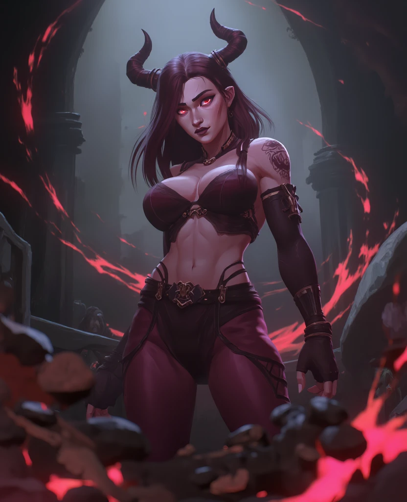 ((volcano)),(devil milf),sit in fire,(((tattoo covering whole body:1.4))),(((black skin))),horns on head,Big tail，Detailed details,((A MILF: 1.4)), (Curvy:1.35),Curvy physique,compelety naked，bare leg,(puffy nipple),eductive，Obscene expressions,tongue out