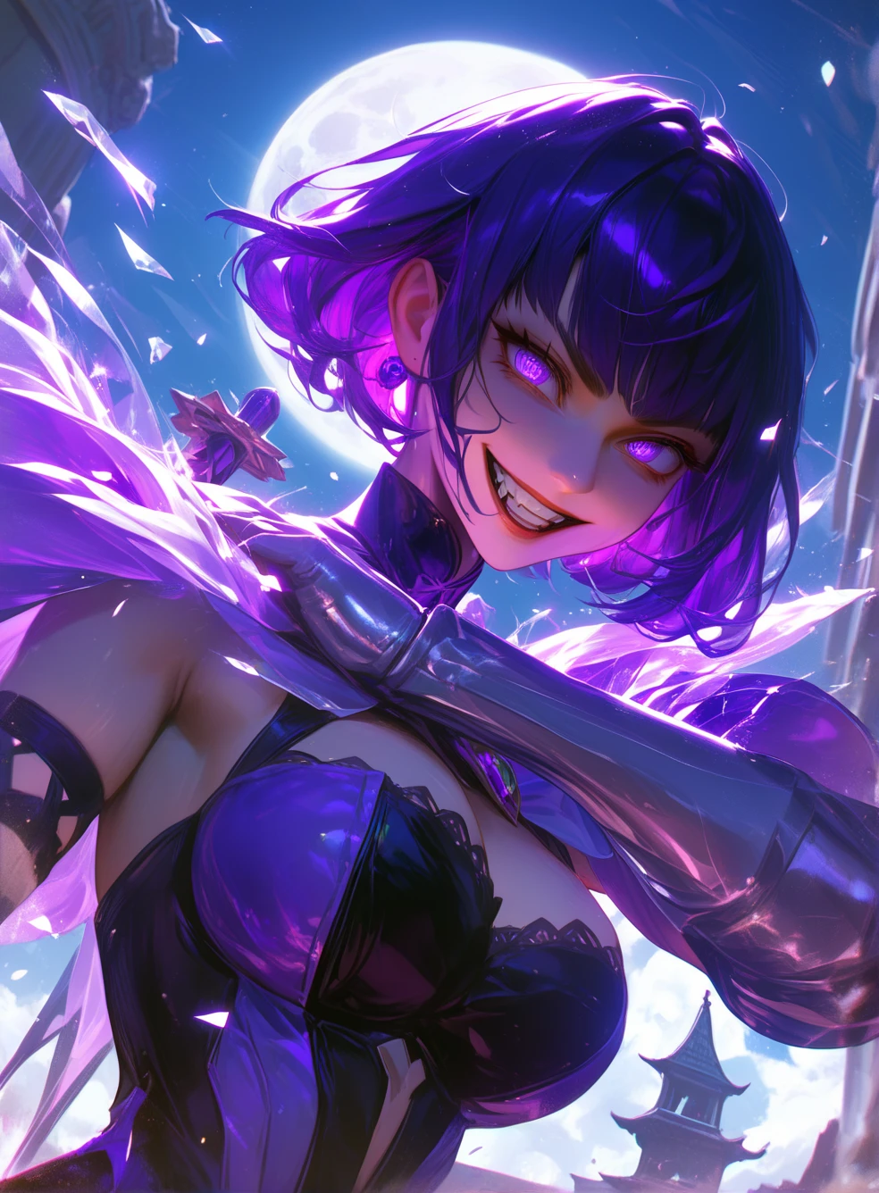 Very minimalistic, dynamic scene with a female character, bright purple eyes, glasses, blue hair, dress, chaos, everything in purple flames, demonic, light, glow, spiky hair, anime, darkness, fragments of fire, fire rain, thunderstorm, blue flame in the background, kind, shiny, aggressive, he is in a spectacular pose, 3D, dynamic pose, realistic flame, he is in a dark dungeon