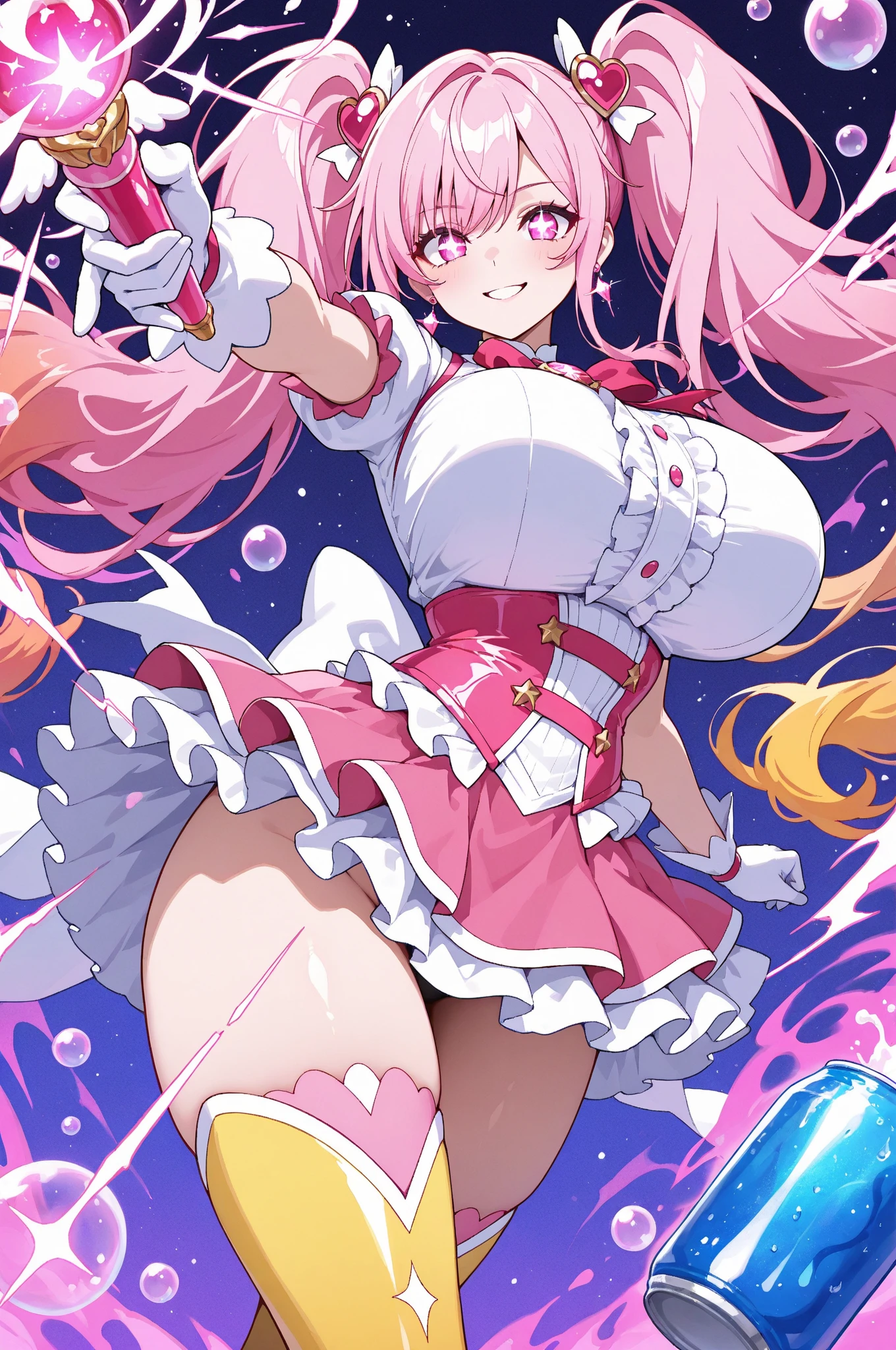 One female、pink hair、young woman、maid costume、attractive look、headband、sexy body、big breasts、A large drill-shaped spear in the right hand、gothic  fashion
