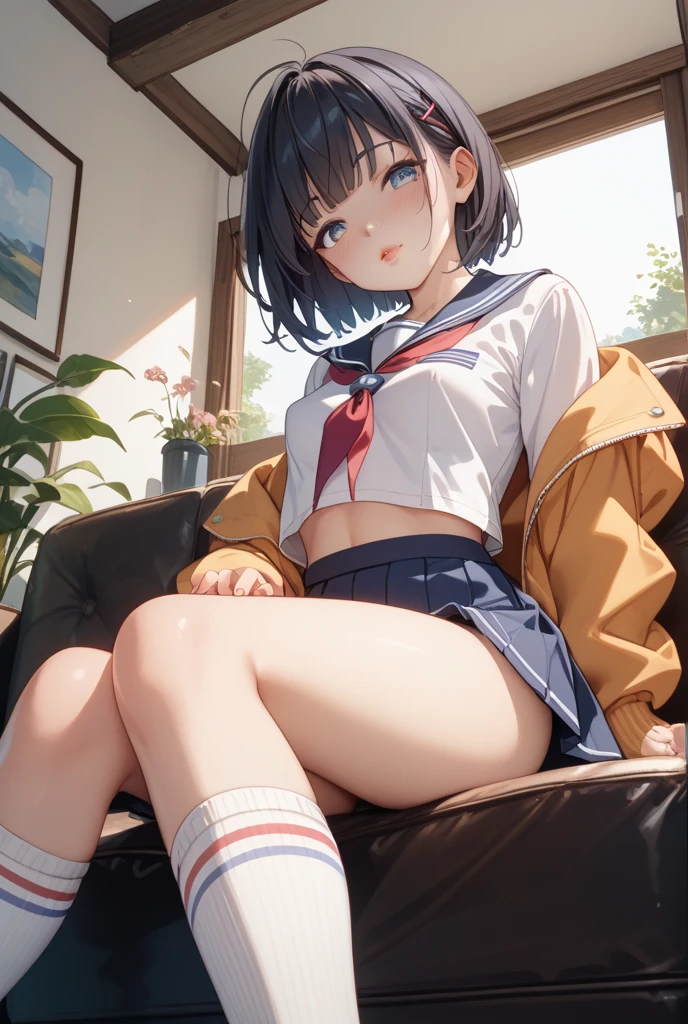 (((masterpiece, Highest quality, High resolution, 超High resolution, Perfect Pixel, Depth of written boundary, 4K, RTTX 10.0))), Beautiful Anime Women, Beautiful art style, Anime characters, ((Smooth texture, Realistic texture, Anime CG Style)), Exact finger count、Exact number of legs、(Exact number of arms:1.0, Exact number of hands:1.0), (Perfect hands, Perfect Anatomy.1.5), Cinematic, Realistic, Extremely detailed CG, Daytime lighting, Perfect lighting, Best Shadow, The best natural light, Perfectly balanced style, Perfect body, (Slender body:1), whole body, ((bangs, Dark brown hair, Bobcut)), ((A woman is sitting on a sofa with her fingers in her mouth:1.4)), ((Beautiful eyelashes)), ((Detailed face:1.2)), (Fashionable white shirt, Sailor collar, Sailor suit jacket, Knee-high socks:1.3), (セクシーでcute水色パンティ, Shiny satin side-tie light blue panties, Light blue panties with a plain center and lace decoration on the sides, Light blue panties with lace trim around the edges, Ultra-detailed panty folds:1.3), (Drooling from the mouth:1.5), ((close your eyes:1)), ((cute, Sighing expression)), (Embarrassed expression:1.3), (blush:1.1), (Sexual pleasure facial expressions:1.4), (Facial expressions that put up with the toilet:1.2), Patience is the limit, On the brink of climax, (Cabaret Club, sake, table and sofa:1.3), Angle from the front