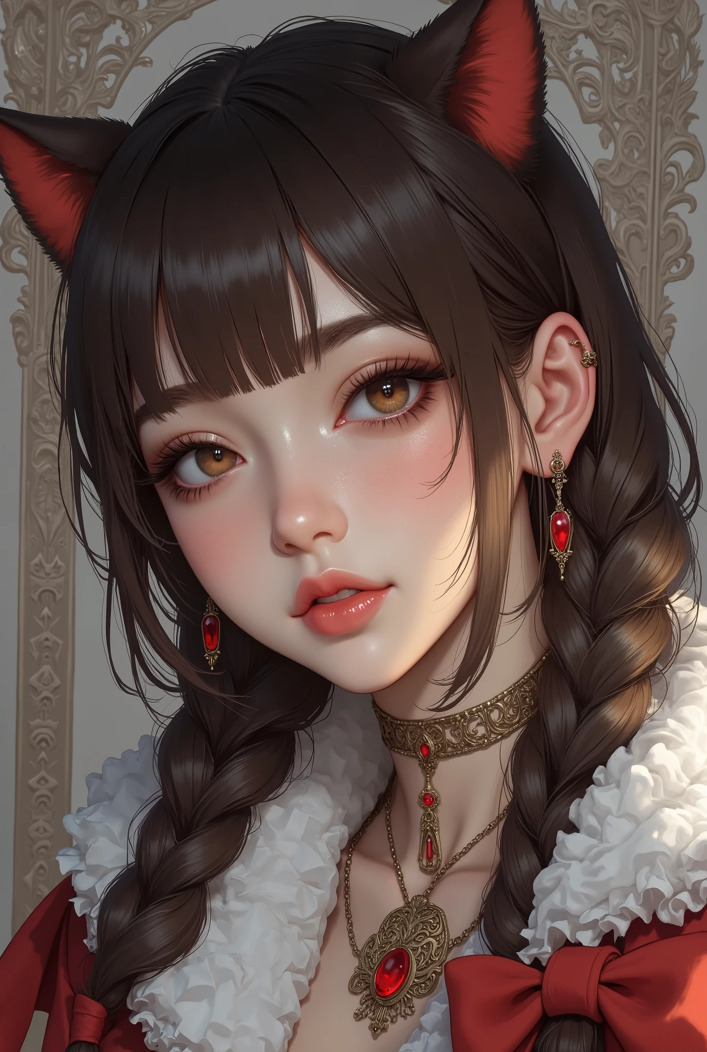 <(masterpiece, realistic:1.4), (extremely intricate:1.2)>, Lisa, beautiful royal princess, (intricate detailed royal dress), (from below), cat ears hair ornament, detailed gems