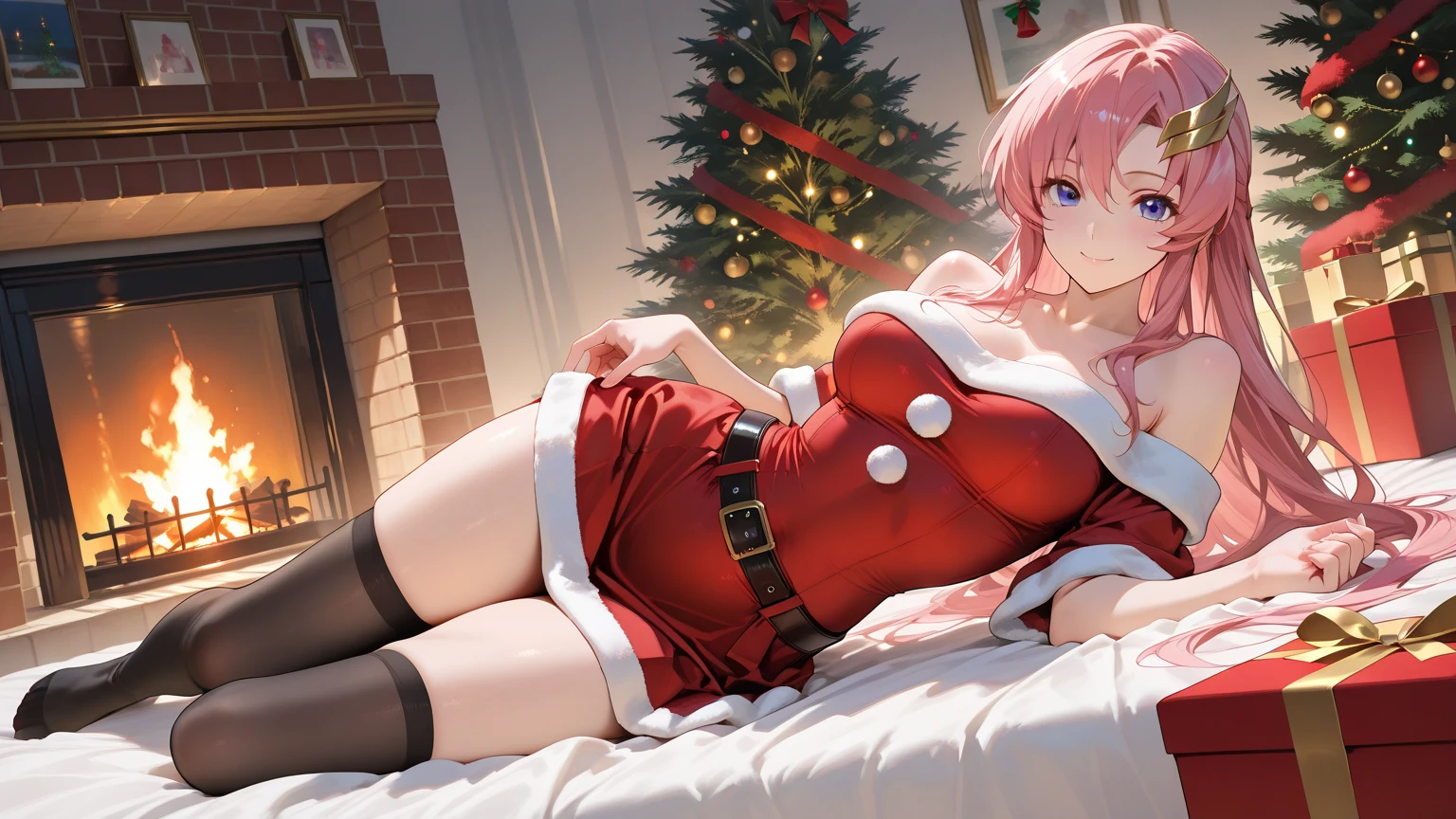 one-girl,soio,170cm height,45CM bust,A pink-haired,Purple eye,the night,gentleness,ssmile, Extremely detailed, Wearing miniskirt Santa Claus costume, Santa Claus costume with warm fur,In the bedroom,((lacepantyhose)),black glove,With bare arms,mitsukasa ayase