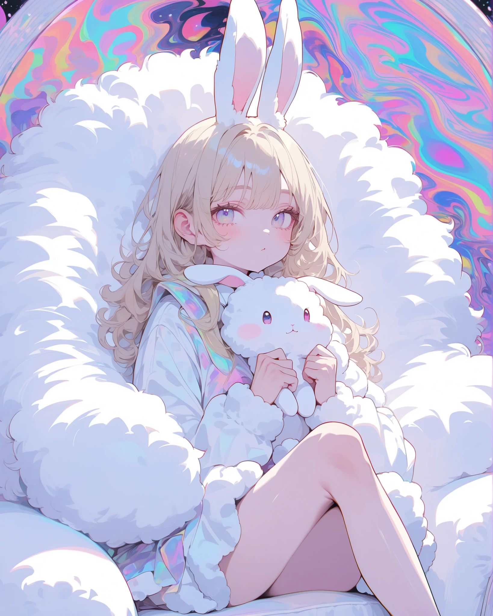 rabbit therapist sitting in a fluffy chair。plush、All white、fluffy miniskirt、The background is a color that sinks the entire space、psychedelic