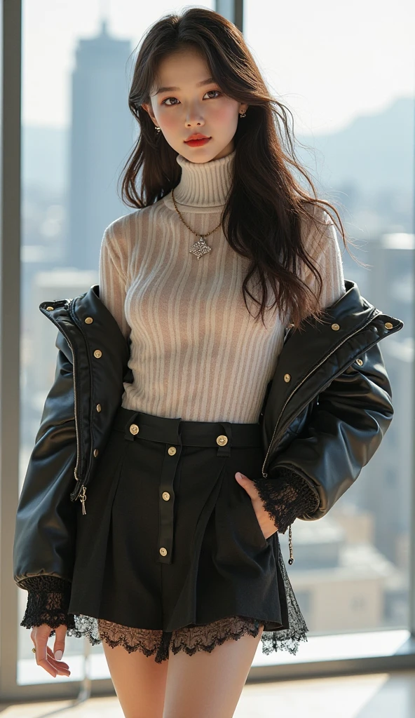 night,outside In town,cowboy shot,standing,fashion model posing,lace-up boots,,(leather skirt),camel coat,star earrings,knee-high socks,bracelet,Ultra-realistic capture, Highly detailed, High resolution 16k close-up of human skin. Skin texture must be natural, With such detail that pores can be finely identified. Skin should look healthy, In a uniform tone. Use natural light and color,きめ細かい白い肌,おっぱいシャープフォーカス,(ふともも),(シルバーの髪色),