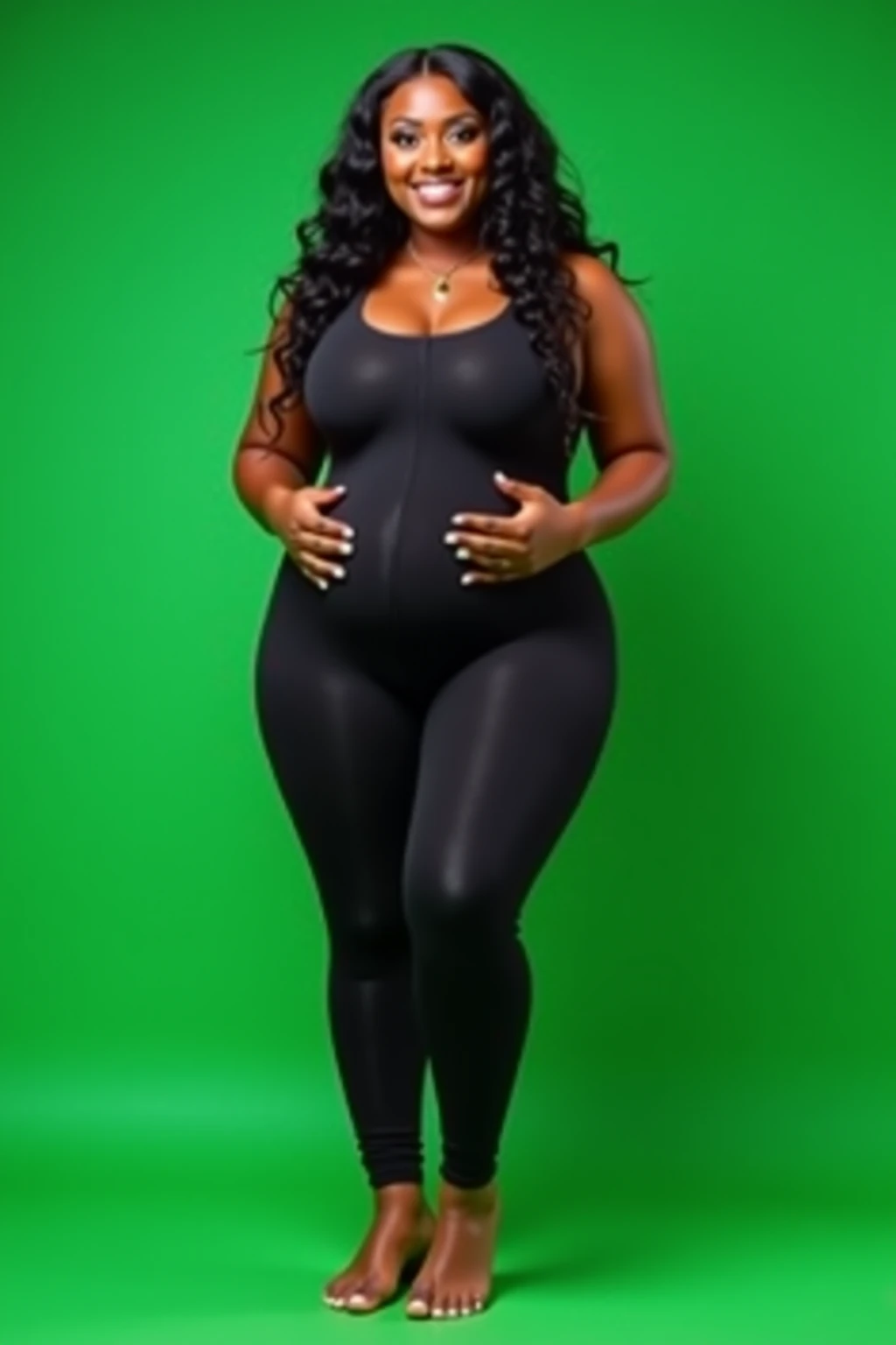 (photorealism:1.2), stunningly beautiful dark-skinned mature woman, sitting on bed, wearing thin skin-tight whole-body dark-green latex suit, large heavy slightly saggy breasts, some slight amount of fat visible on belly, not fat, not overweight, very beautiful, long curly hair, indoors, soft lighting, plants in background, window with sunlight, cozy room, relaxed pose, realistic, intricate details, warm colors, well-lit room, bright illumination, by Greg Rutkowski, by Alphonse Mucha