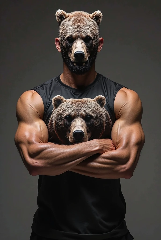 A shirtless man with a panda head is terrified and afraid 