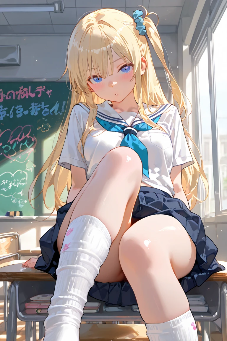woman posing for a photo, shy smile, Happy, long hair, straight hair, fine skin, beautiful hands, Beautiful fingers, Wearing a beret, tie, Blouses with short sleeves, pleated skirt, thighs, Absolute area, knee socks, during the day, hot summer day, School, schoolyard, sitting on the bench, Canned juiceを持っている, natural lighting, detailed face:1.2, sharp focus, hasselblad photography, masterpiece, light makeup, cinematic lighting, 4K, highest quality, sharpness, anime style, whole body, Canned juice, 