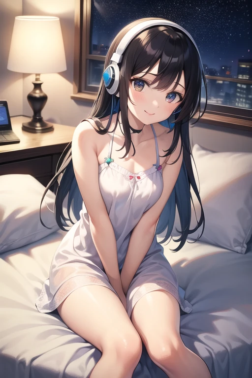 anime girl sitting on a bed with a smartphone in her hand, anime moe artstyle, seductive anime girl, nightcore, pretty anime girl, small breasts, school girl, pretty dress, long black hair, blue eyes, white panties, ultrasharp, masterpiece, high res, 8k