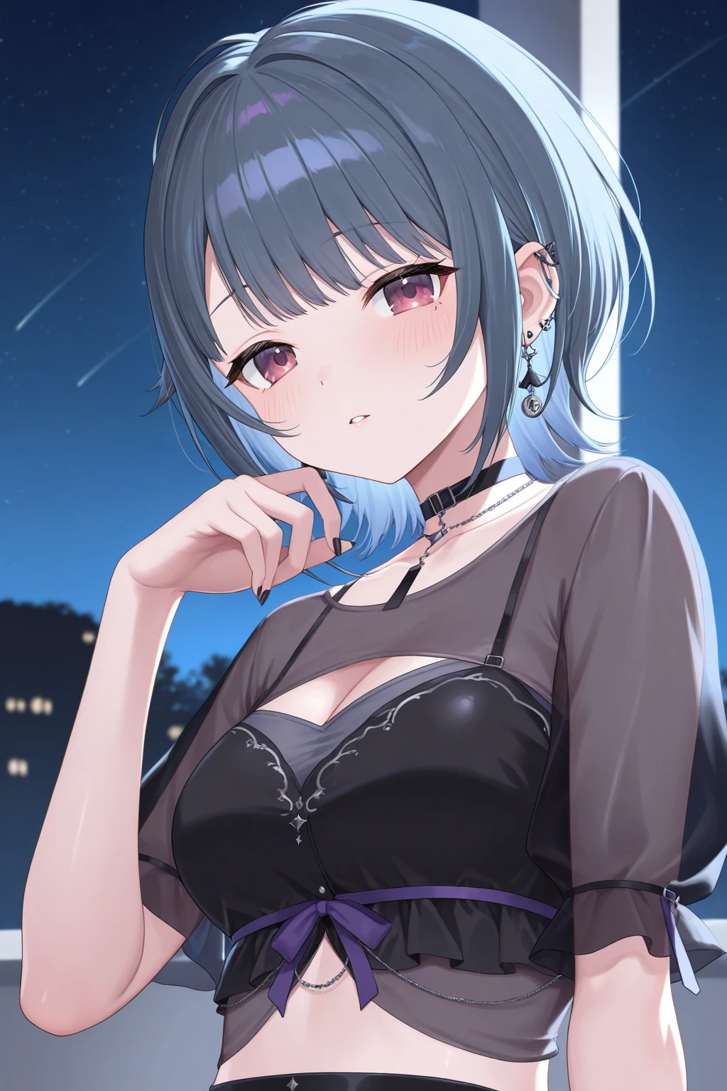 prompt（Re-adjusted version）
beautiful, masterpiece, Highest quality, HiqCG Body, anime, (1 Girl:1.5), (Small breasts:1.2), Portrait Shot, View your viewers, Wet Skin, Intricate details, Little Woman, Her eyes were shining like dreamy stars.,(Shining Eyes:1.3),(Beautifully detailed eyes:1.1)、[[Delicate fingers and hands:0.55]::0.85],(Detailed reference),(Thick black hair, Eyes are bright purple,(Sharp Eye:1.3), (tsurime:1.5), Twin tails,Straight Hair,(Asymmetrical bangs:1.2),(Blunt Bangs:1.3), (hairpin:1.2), Young face,Childlike,Small devil,Succubus,Vampire,Double teeth,Small corner),(kimono),Dynamic Pose,(yandere:1.1),(yandere smile:1.3),(smirk:1.3) ,Cleavage,High angle shot、(night:1.4)、(full moon:1.1),Focus on the chest,(Shake your head:1.2), Thick black hair, kimono, firework