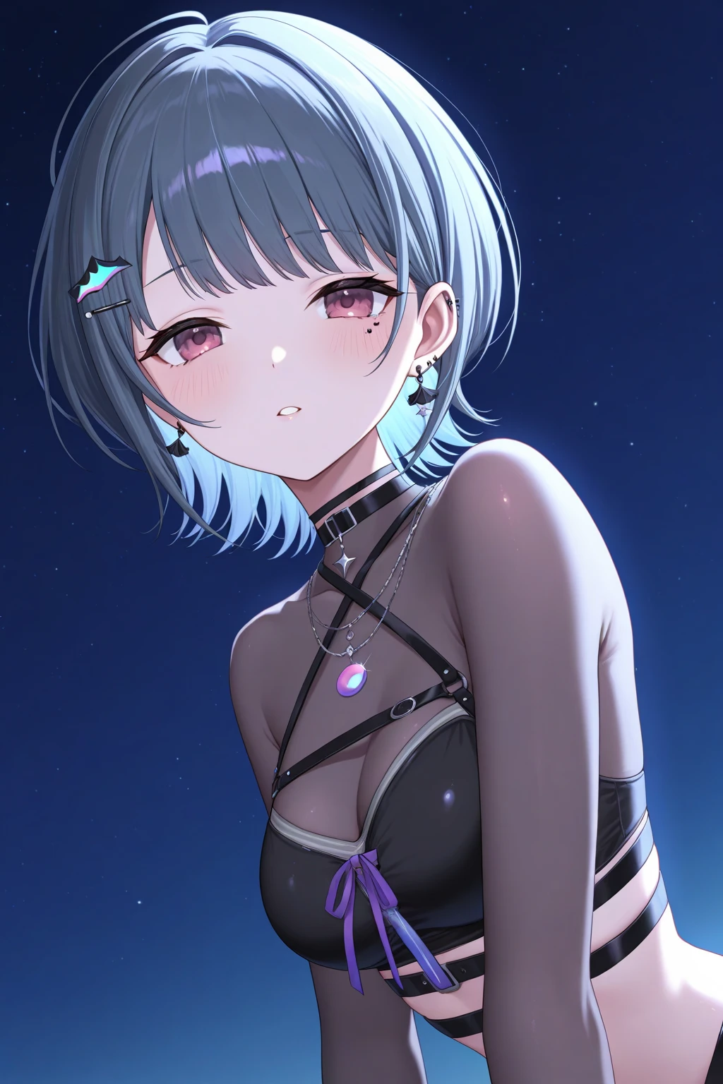 High resolution,high resolution,Girl,Black Hair,Short Hair,Purple Eyes,Slanted Eyes,Bad mood,boyish,slender,Toned body,naked,Headband,Tattoo,Bedroom,low length,Starry Sky,choker,Wet with sweat,