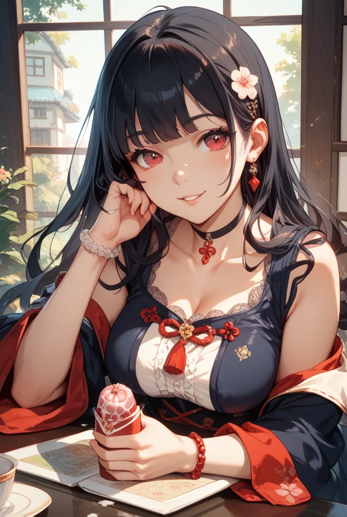 Black hair, bangs, curtained hair, crossed bangs, Long hair, Messy hair, pony tails, Very long hair, Black hair, bangs, curtained hair, crossed bangs, Long hair, Messy hair, pony tails, Very long hair, Big hair, ((Drinking Japan tea)), hair ear, hair tying, hair flaps, widow peak, head gear, Hair ribbon, kanzashi, hairpods, white hair ribbon, Moles under eyes, Raised eyebrows, eyeball, Evil smile, crazy, Shy, scowling, jitome, gloom (expression), Seductive smile, anime big breast, Minimalism, Anime style, anime big breast, Minimalism, Anime style, angle of view, From above, hyper HD, retinas, Masterpiece, ccurate, Textured skin, Super detail, High quality, High details, Award-Awarded, Best quality, A high resolution, 16k, hyper HD, retinas, Masterpiece, ccurate, Textured skin, Super detail, High quality, High details, Award-Awarded, Best quality, A high resolution, 16k((Hold the sword))((Undressed kimono))Big Breasts、Old Townscape、(((Rising Sun Flag)))((Tied up hair))((A big smile))A small straight horn from the forehead、((Shuten Doji))((Big Breasts))Breasts spilling out of clothes、Nipples、Japanese-style tattoo all over the body((Big Ass))garter belt、Courtesan Procession、(((low length)))(((black thong)))(((Sit on a bench and open your legs wide)))