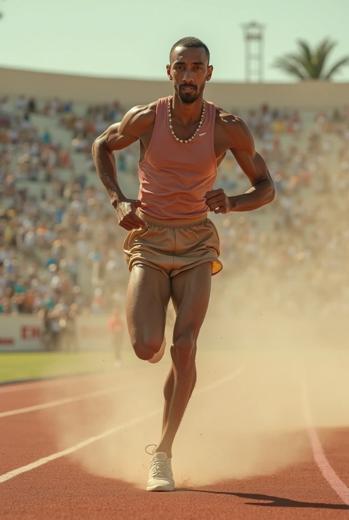 A Rococo-style racetrack athlete, is in a dynamic pose, sprinting. He wears modern athletic clothing in pastel colors, adorned with lace, subtle ties, golden embroidery and curved lines that evoke Rococo art. The race track is surrounded by lush gardens, floral flowers colorful, marble statues and ornate fountains. Ao fundo, there is an elaborate architecture with palaces in light tones and golden details, under a blue sky with soft white clouds. In the distance, other blurred athletes run, your steps erased by speed, grappling, but unable to follow the central protagonist. Their silhouettes blend into the scenery like fleeting shadows, witnesses of the tireless search for victory. best qualityer, work of art