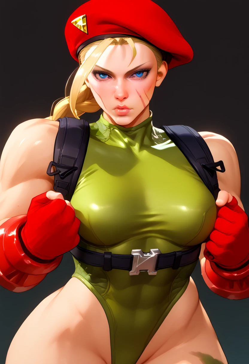 Cammy,blue eyes, blonde hair, gloves, hat, braid, fingerless gloves, leotard, lips, muscular, beret, highleg, scar, red headwear, scar on face, highleg leotard, red gloves, camouflage, harness, thong leotard, green leotard, chest harness,,perfect hands, perfect finger,perfect ???????, masterpiece, best quality,realistic, hyperrealistic, 16k hdr,1girl, medium breasts,see through nipples,fighting pose, upper body, outdoor,from below