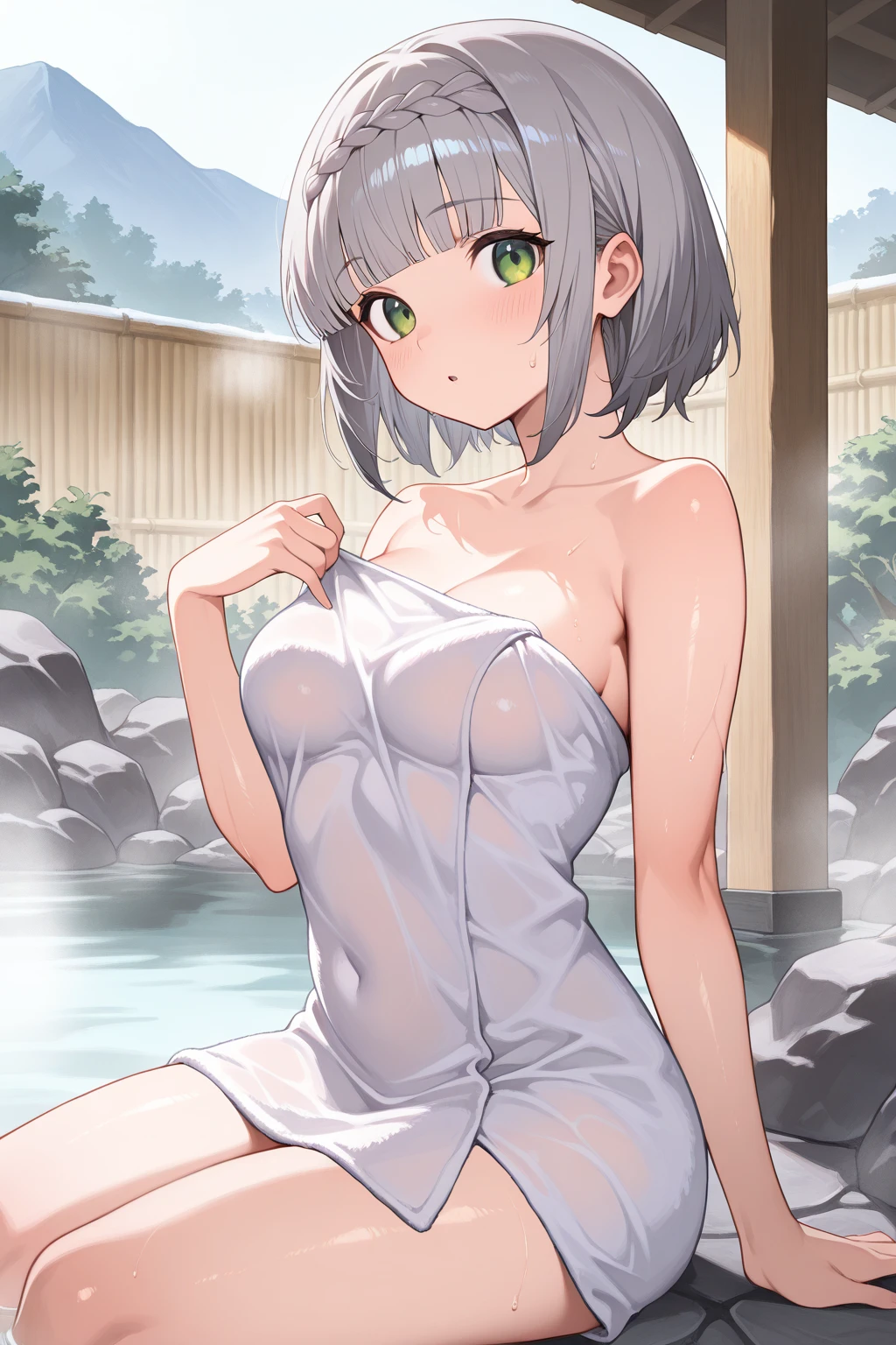 、(masterpiece、Highest quality)、Highest quality, Ultra-high resolution, (((masterpiece))), alone, Sweat、Big eyes, Composition from the front、Shortcuts、Embarrassed face、Bronze colored hair、Cut the back hair short、Pool、Outdoor、 Expose、Completely naked、pubic hair、belly button、Large areola、Nipples、short hair