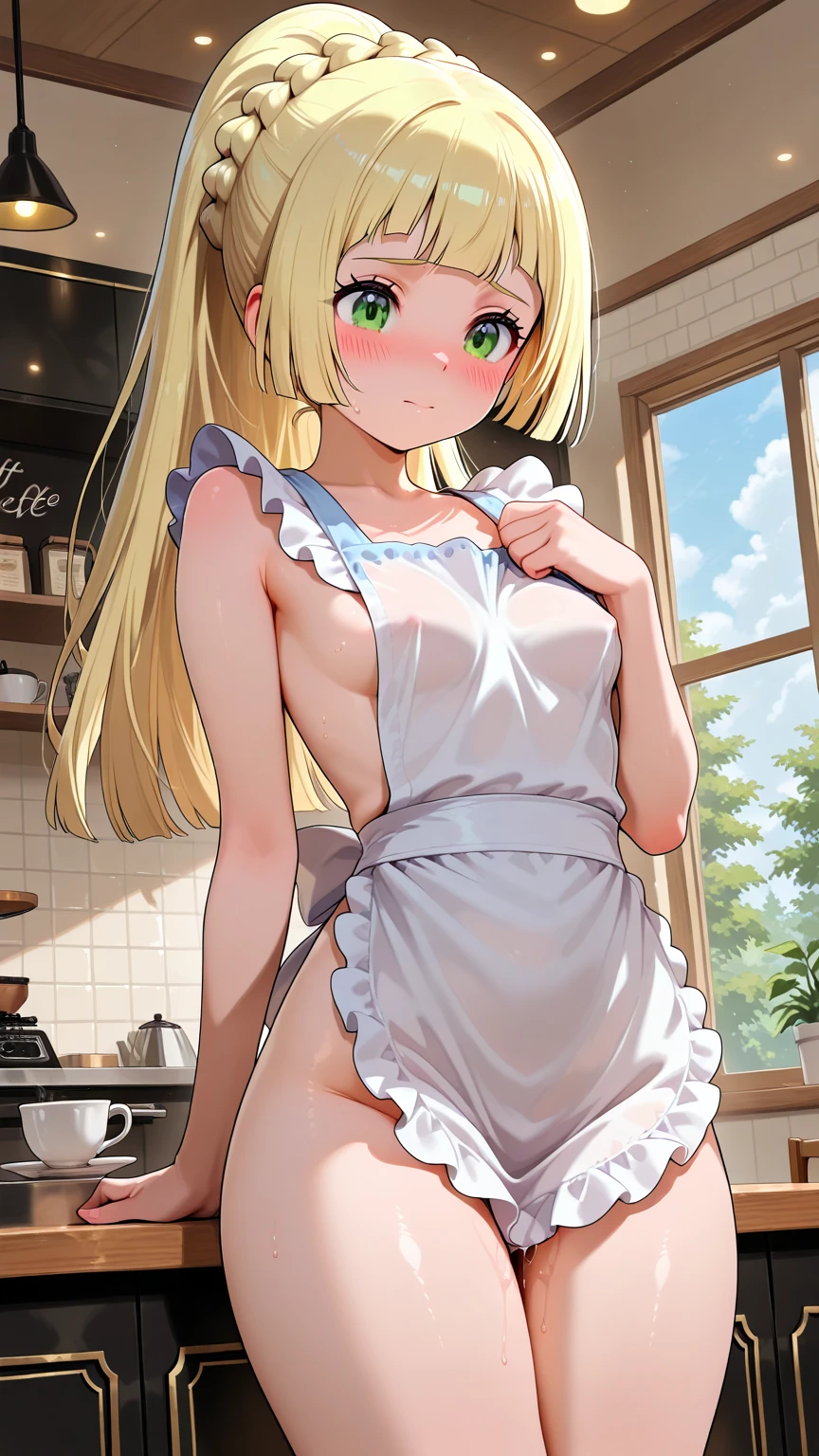 nsfw,1 person,Sweat,White Breath,solo,,Pokémon,Lillie,Groin bulge,Maid clothes,Showing off underwear,Leaning forward,room,