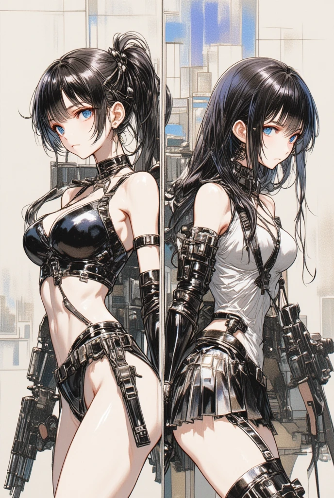 monochrome, greyscale, blood, cable, science fiction, cyberpunk, chromatic aberration, indoors, detailed background, night, 2girls, beautiful, duo, bare shoulders, smiling, Seductive, nude, red light, long wavy hair, curvy, big breasts,