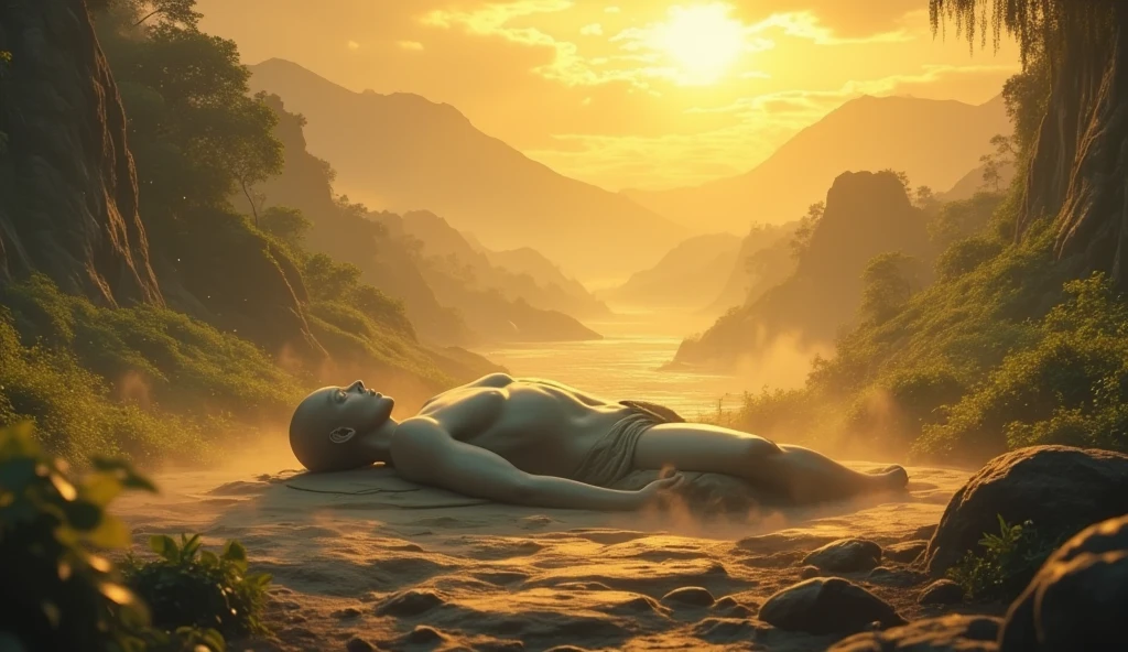 a large, humanoid creature lying partially submerged in a body of water. The creature has an ancient and weathered appearance, with detailed, muscular features and a face that seems to be in a state of deep rest or possibly death. The water is a murky greenish-blue, and the statue's body appears to be covered in what might be algae or erosion marks, adding to its aged look. Surrounding the statue, the landscape is rocky and barren, with a few small, distant figures standing on the shore, giving a sense of the statue's massive scale. The overall scene is surreal and eerie, evoking a sense of mystery and ancient history.