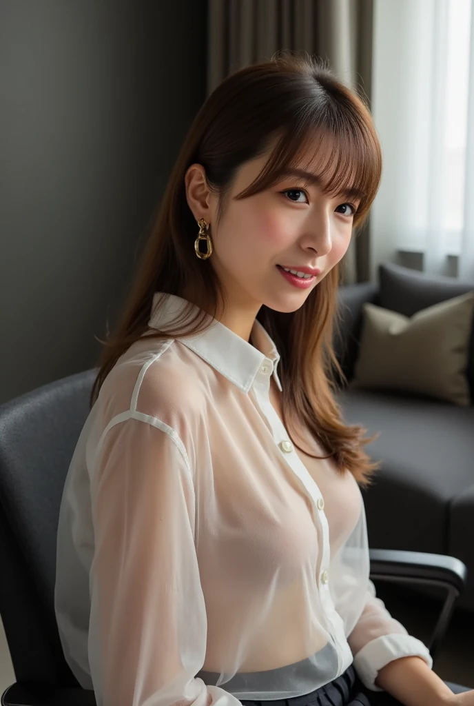 Young beautiful sweet Bogor city girl, 30 years old, mixed descent from sundanese and Javanese, slim body, greek nose, nate medium long hair with a bangs, nubian nose, georgeus sweet face, wearing office shoes, wearing blue tank top shirt that covering her bra under her blazer, wearing office long sleeve blazer, wearing calf long folded up office skirt, wearing lace soft cup bra under her dress and her blazer, wearing white lace panty under her skirt exposed to camera, sassy local tv anchor, siting very sensual opened wide her legs on sofa in tv studio, being presents the news on TV, being open mouth pose, smart face, serius reading eyes, very realistic, very detail, no cartoon, normal all fingers shape, front view