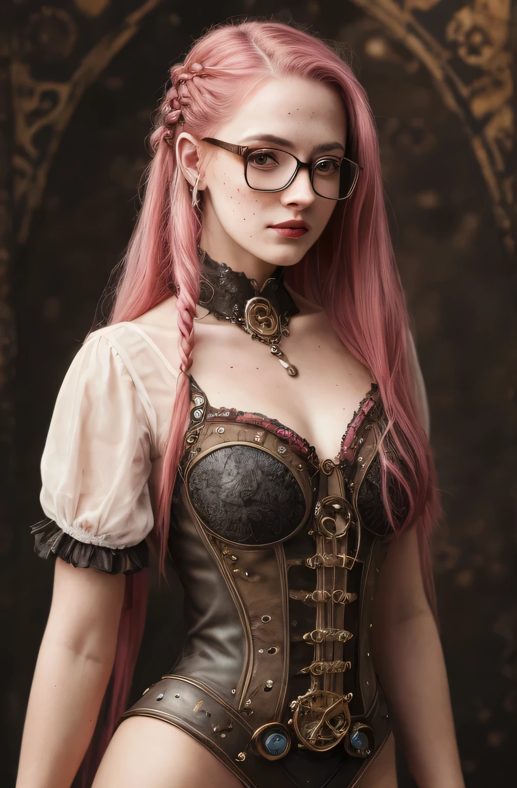 (Realisttic:1.2), analog photo style, Beautiful Elf woman, posing, with freckles and goggle glasses and long pink hair braided, (steampunk dark fantasy atmosphere), soft natural light, cute and sexy, great quality, Masterpiece, detailed strange background, better performance, 16k quality, RAW photo