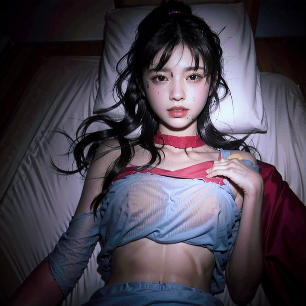 Top quality, masterpiece, ultra-high resolution, (photorealistic: 1.4), raw photo, black hair straight, place is a dark concrete room with no windows, young Japan woman with fair blue hair, wearing red underwear, beautiful slim girl with clear eyes, calm young lady face, spotlighted for photo shoot, wearing pearl choker, Wearing pearl earrings, wearing a black thin headband, wearing only red underwear, with red fire fighter jacket on the bed, acting out scenes of being held captive by kidnappers, lying face up on the bed, Tears of embarrassment