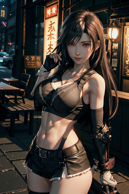 (8k、highest quality、MASTERPIECE:1.2)、(Realistic、photorealistic:1.3 of 7)、Super Detailed、girl 1 person、cutest、solo、、(tifa lockheart)、(big chest)、(((huge tit)))、(((Shift clothes to show bra)))、(((a black bra)))、(beautiful eye)、(a smiling look:1.2)、(Closed)、erotic pose、dance、neons、street scenery、Depth Of Field、Dark and strong shadows、Sharp focus、auto、motion blur、bike、Depth Of Field、composition、Glowing green light、Final Fantasy VII、tool、(nose blush)、Single Elbow Pad、Ankle Boots、dark black hair、black thigh、red boots、Elbow Gloves、Elbow pads、Fingerless Gloves、Taut Shirt、sports bra、(suspenders,)Black Skirt)、thights、white tank top、All over body、head rest、Lips、Facial、Low Tai Long Hair、(red_Ojo))、Yellow flowers、(night:1.3)、Complex、Bokeh、Cinematic Lighting、Photon mapping、Radiosity、physically based rendering、(Tetsuya Nomura Style)、NSFW、Perfect Breast
