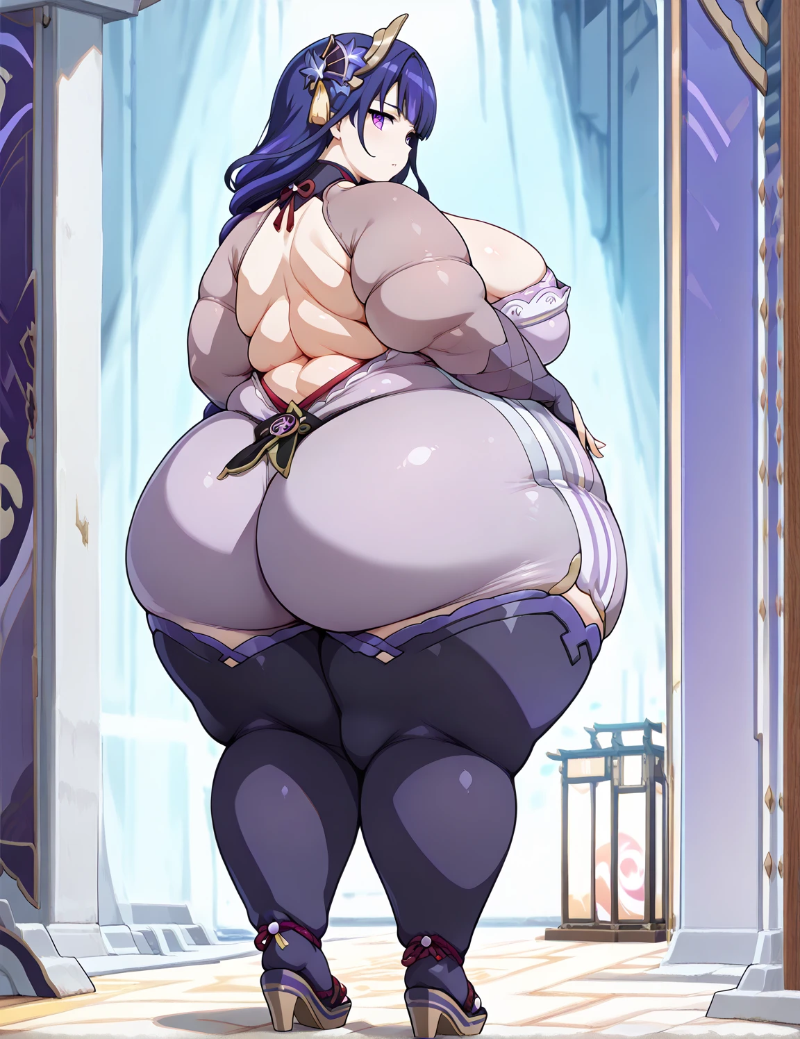 best quality, masterpiece,purple hair, blue eyes, looking up, fat, obese
