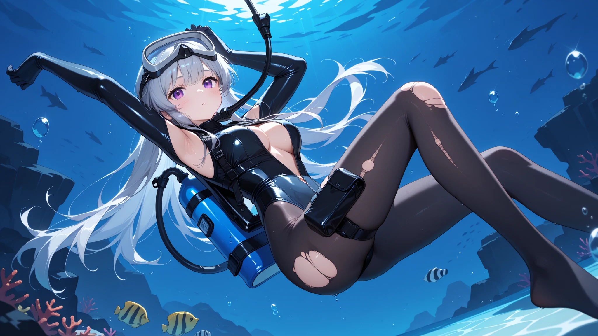 （best qualtiy，tmasterpiece）Anime girl standing on boat in black and white swimsuit, A scene from the《Forever lost》The white of video games , Fine details,CG,Stand on a boat full of treasures，Both legs are bare，The zipper on the chest is open，Only one hand holds the foreign gas cylinder，The other hand holds the goggles，The high ponytail grows all the way to the calf，Lilac hair with bangs