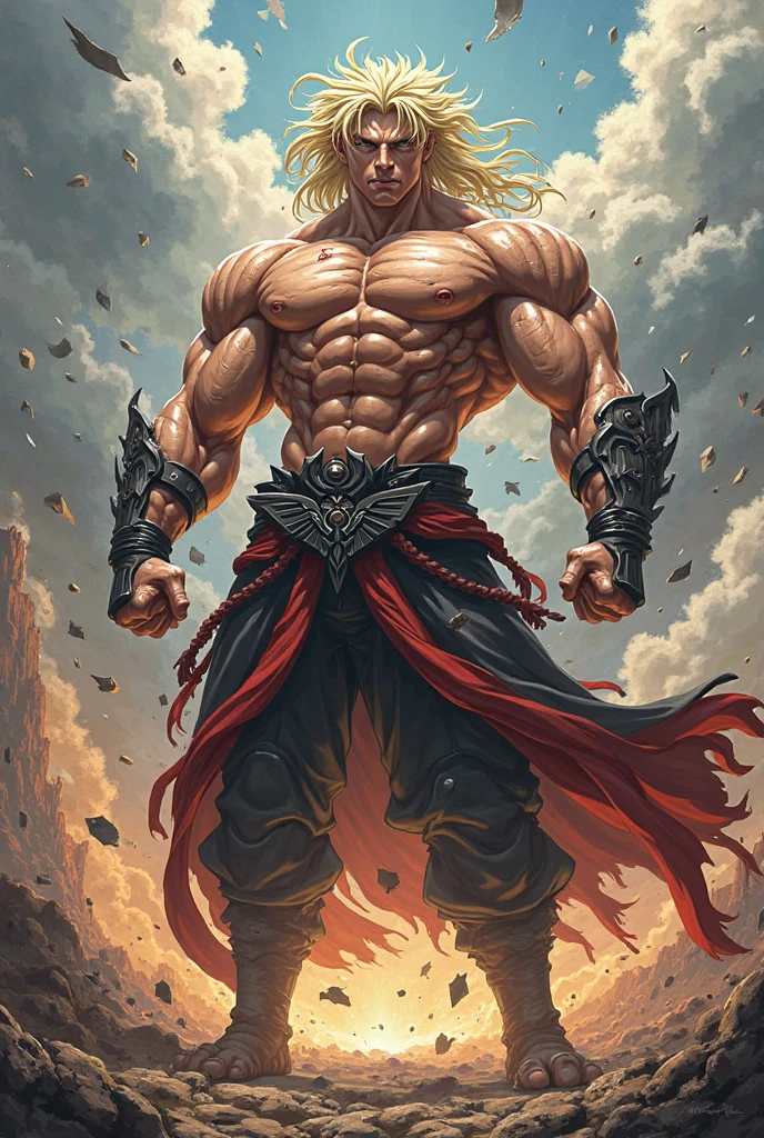 In a bold, high-contrast shot, a striking figure stands out against a fiery orange backdrop, his chiseled physique on full display as he confidently strikes a pose. No clothes and underwear accentuates his rugged build, while vibrant locks tumble down his forehead, framing piercing blue eyes that sparkle with mischief. The dynamic energy and Kimetsu no Yaiba-inspired palette radiate from this captivating tableau, drawing the viewer in as the subject's gaze meets theirs. Open legs, lyed on a bed , nudity, huge dick out of underwear. Bara