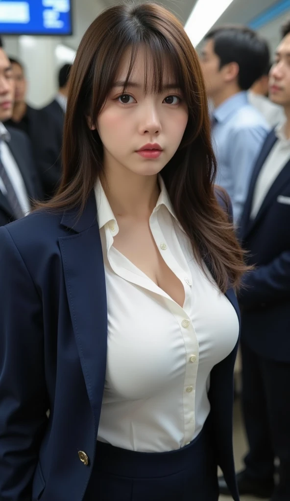 a 16 year old girl, she is the most beautiful actress in the world, the perfect body proportions of this girl, the blazer is firmly closed by it's two buttons on the waist area of short skirt, the skin of her upper body with it's large breasts are covered 100% by the shirt that's covered by the blazer, it's hard for the suit skirt to hide the crotch area between her bare legs, it's only one description of one body, it's from right above her head to right above her feet are just within this frame, all her body is looking forward to viewer, she is standing at the city street, nsfw, best quality, highly detailed, masterpiece, ultra high res, photo realistic, 8k, RAW photo