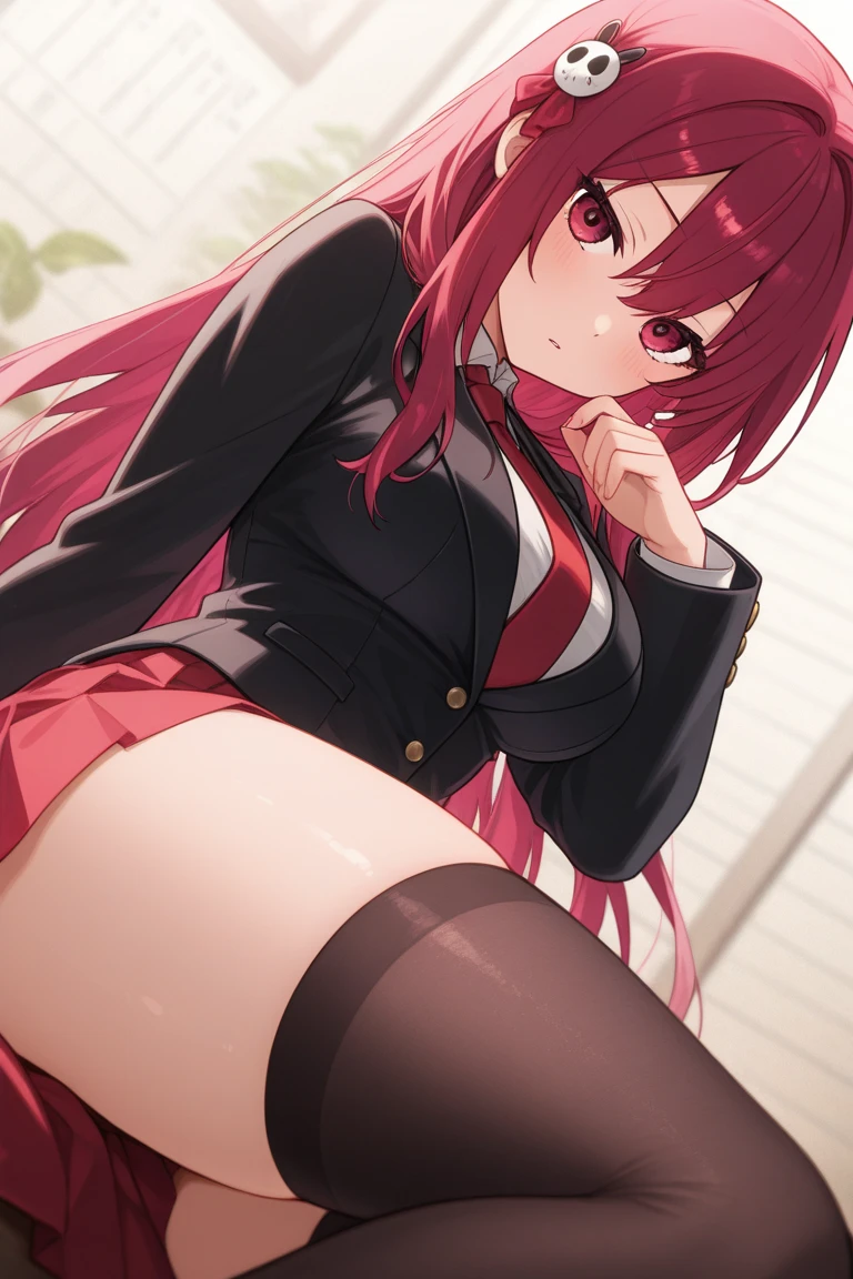 stella vermillion, school uniform, garter straps, black thighhighs, cross-laced footwear,  (skirt lift, white underwear:1.2), Big breast, angry, :o, full face blush, eyeball, tearing up, from below