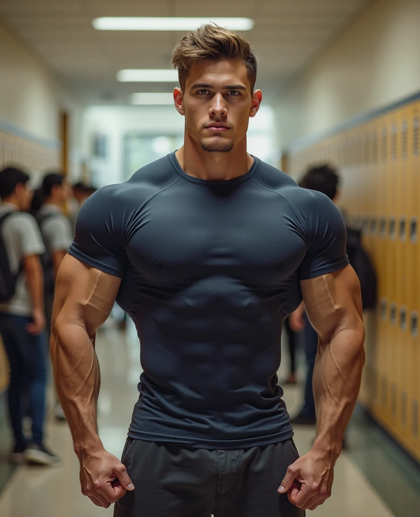 A 15-year-old boy in blue shorts stands in a locker,Arm raised, Body movement, Muscular thighs,Bodybuilder body, Muscular legs, athletic muscle tone, sweat shorts, attractive sporty physique, Body fitness, Physical Education Student, sexy muscular body