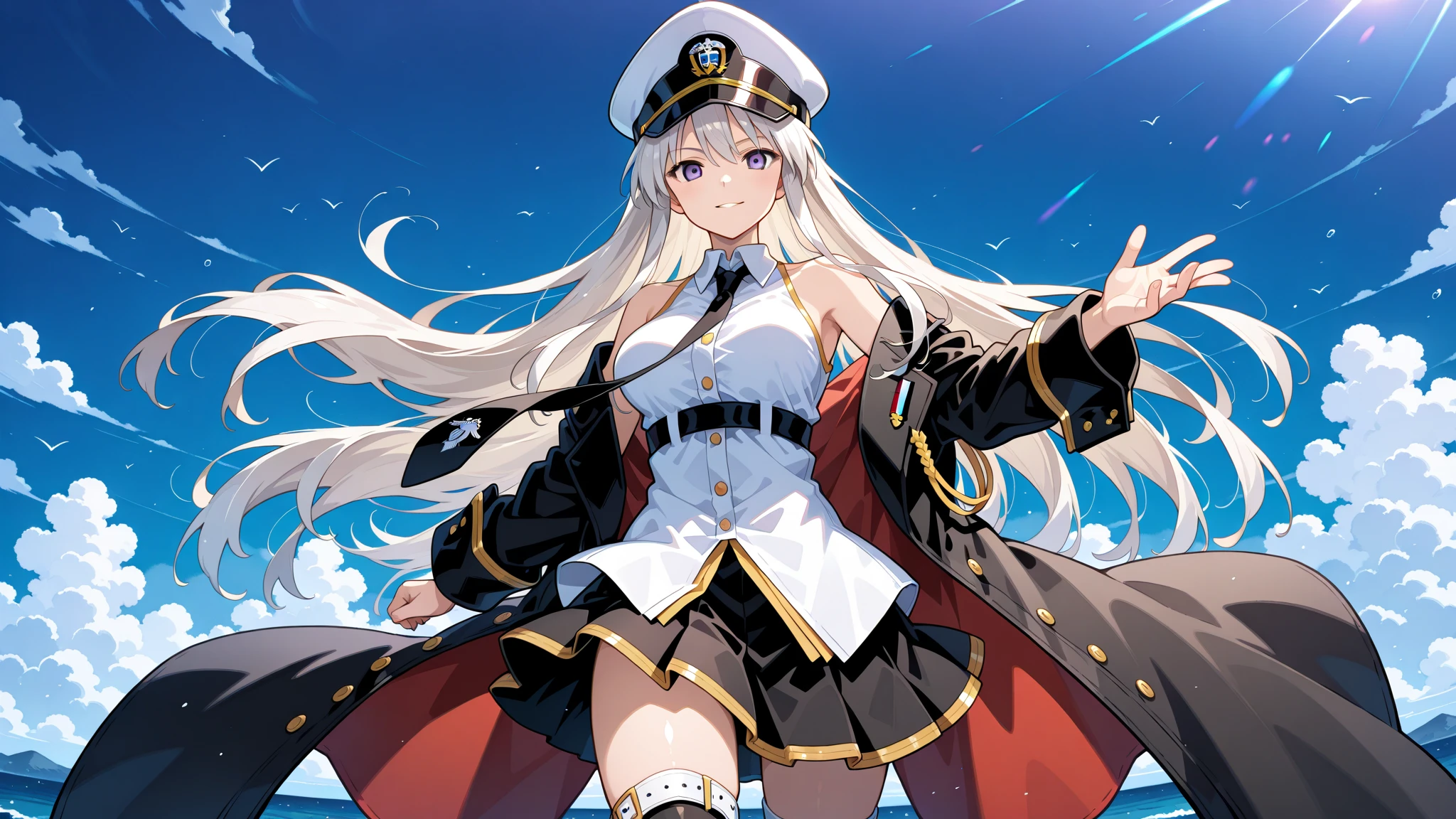 masterpiece, best quality, highres, aaenter, long hair, hat, white headwear, large breasts, black necktie, sleeveless shirt, white shirt, off shoulder, black coat, open coat, belt, pleated skirt, black skirt, black thighhighs, cowboy shot, standing, outdoors, ocean in background, 2D, add_detail:-3