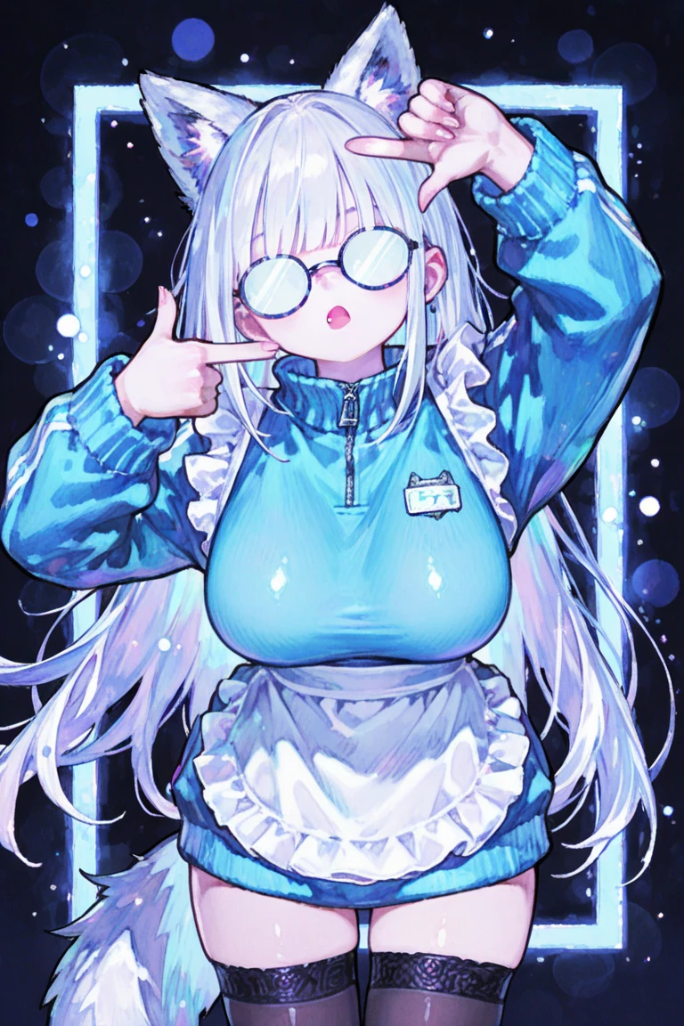 cleavage,sexy anime girl, 1girl, piercing, breasts, goggles on head, underbob, one eye closed, goggles, solo, smile, blue eyes, long hair, sweater, id card, navel piercing, look viewer, navel, mole, white hair, long sleeve, turtleneck sweater, turtleneck, sweater lift, blue nails, grinning, black sweater, tattoo, upper body