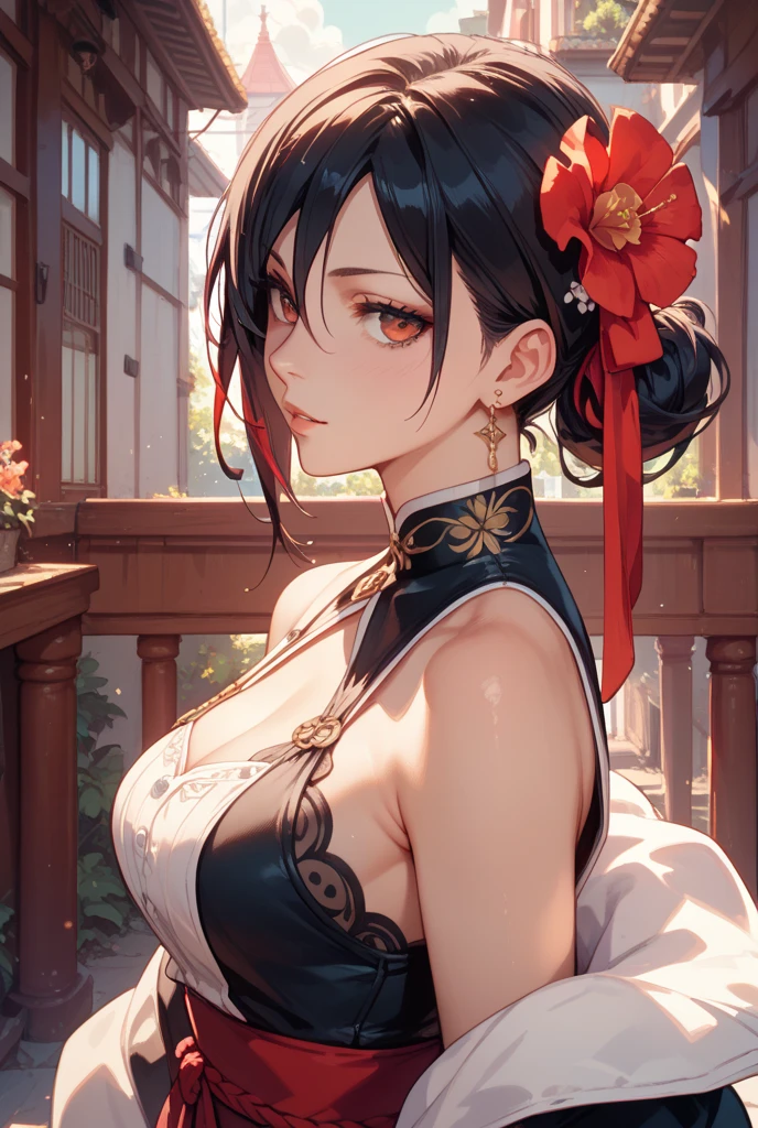 masterpiece, highres, highest quallity, illustration, cinematic light, ultra detailed, detailed face, detailed eyes, best quality, hyper detailed, masterpiece, detailed face,beautiful face,perfect body,official art,grand plix award illustration,1lady, sidelocks, gold hairband, hair ornament, red eyes, gold earring, large breasts, choker, bare shoulders, black dress, two-sided dress, fingerless gloves, thigh boots, cowboy shot, standing, town