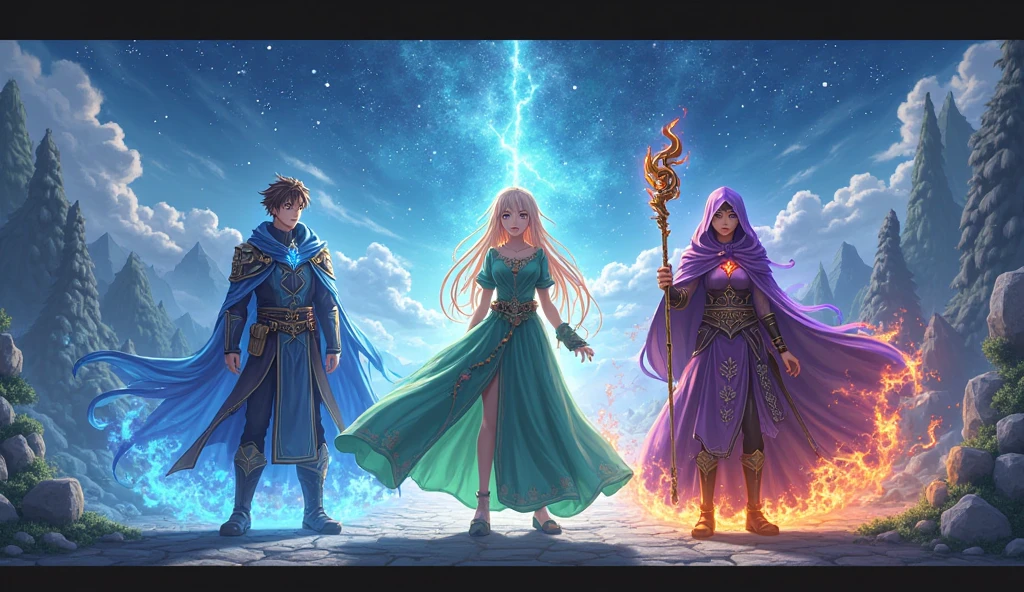 Sunny day, Eldoria, Maya, Ethan, Ava, Noah, festival, city, longtime friends, great adventures, explore, mysterious figure, black cloak, ancient scroll, Wise Prophet, chosen ones, Guardians, Magic Stone, prophecy, unique abilities, find, save, kingdom.