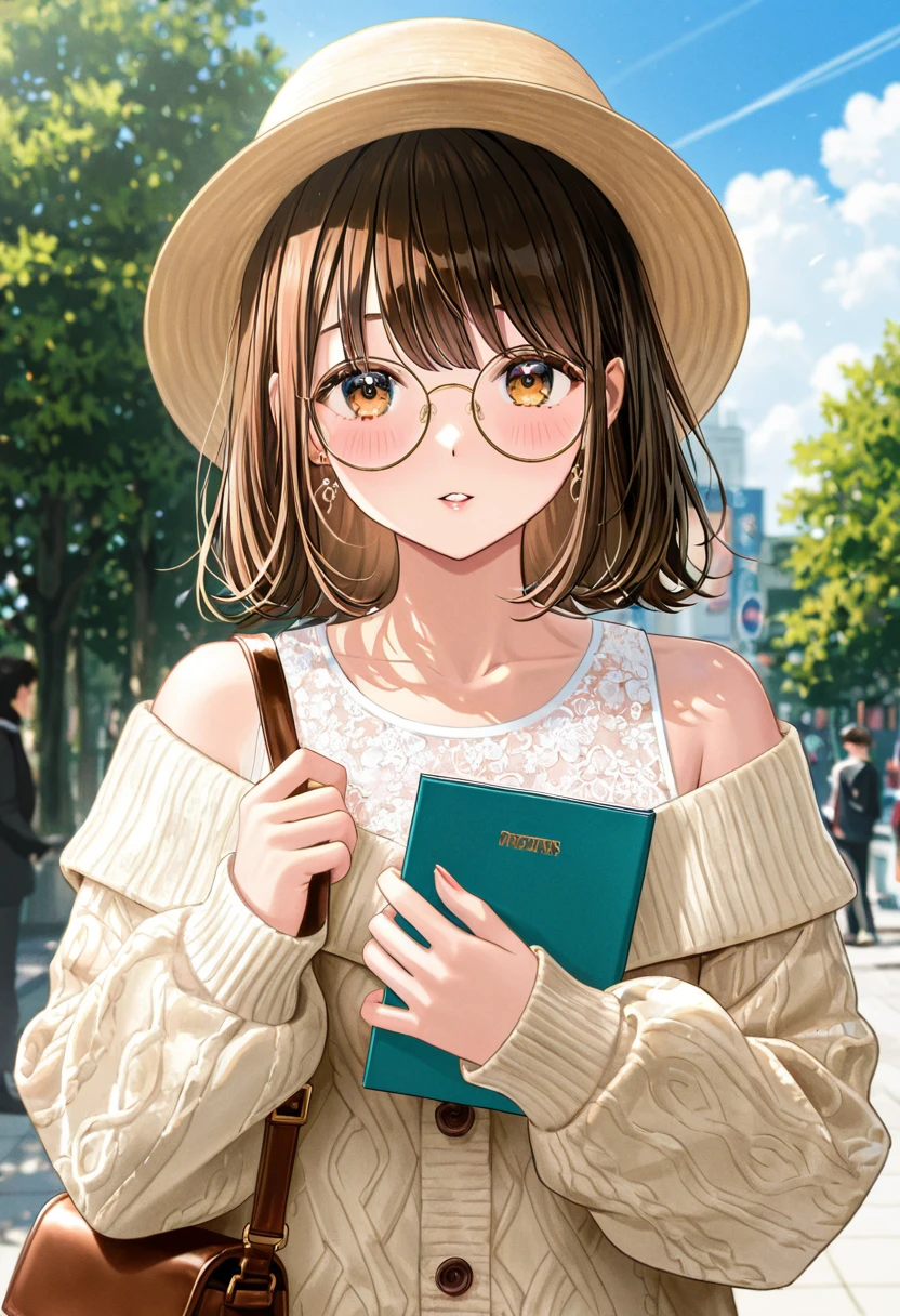 masterpiece, Highest quality, Very detailed), Portrait of an 18 year old woman with light brown hair, Green round eyes, Beige blouse and blue jeans、Smiling Blue Shorts、Read the Brown Book - Auto Ultra Realistic -