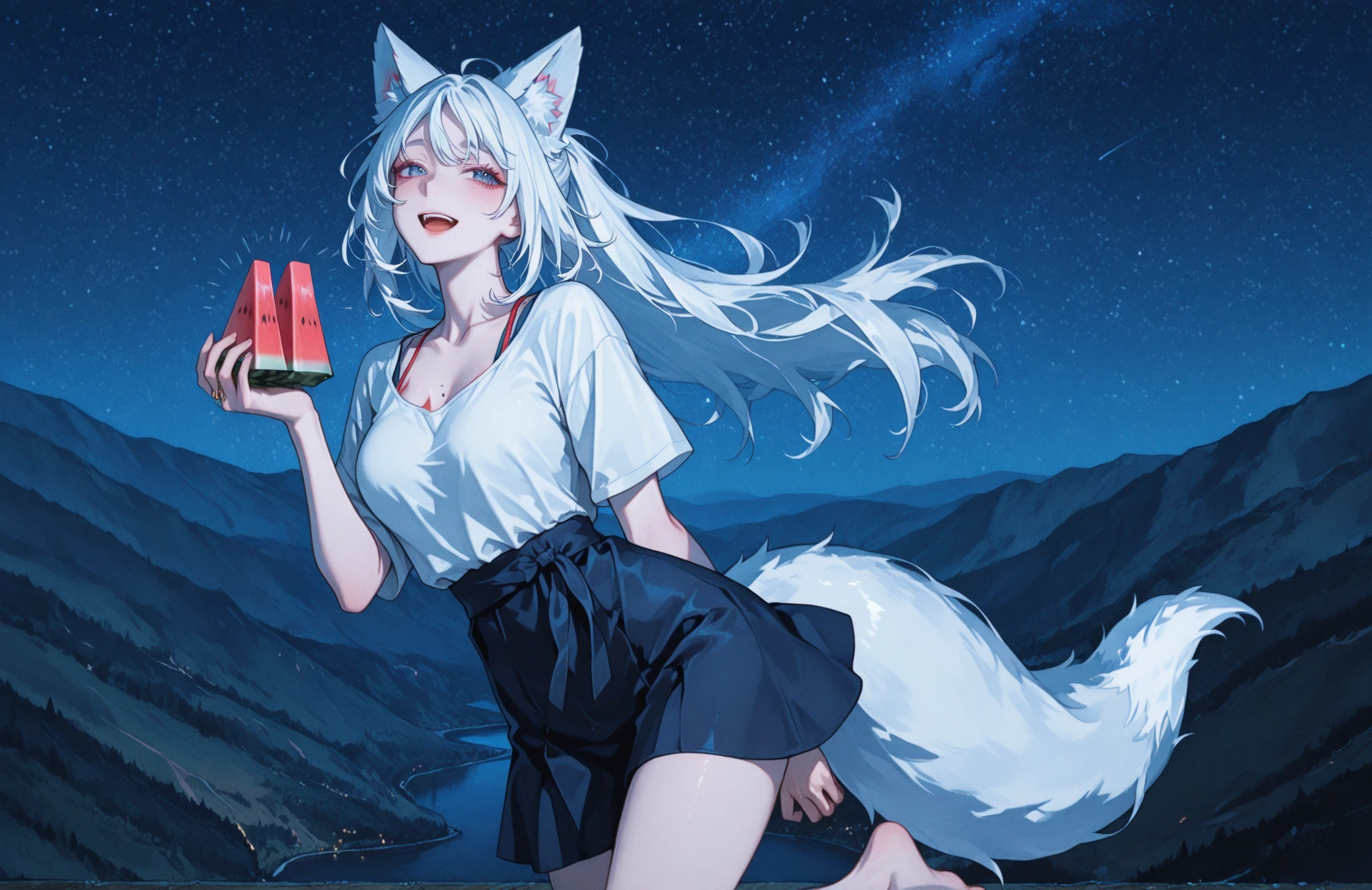 High resolution、Highest quality、4K、Long white hair、Tattoos on the face、Slanted Eyes、Purple lipstick、Glowing yellow eyes、A girl with nine fox tails、Big white fox ears、Big Breasts、Soak in a hot spring、Full moon night、Drinking sake from a sake cup、Cherry blossom petals fluttering、Hair blowing in the wind、Cleavage、裸で胸までSoak in a hot spring
