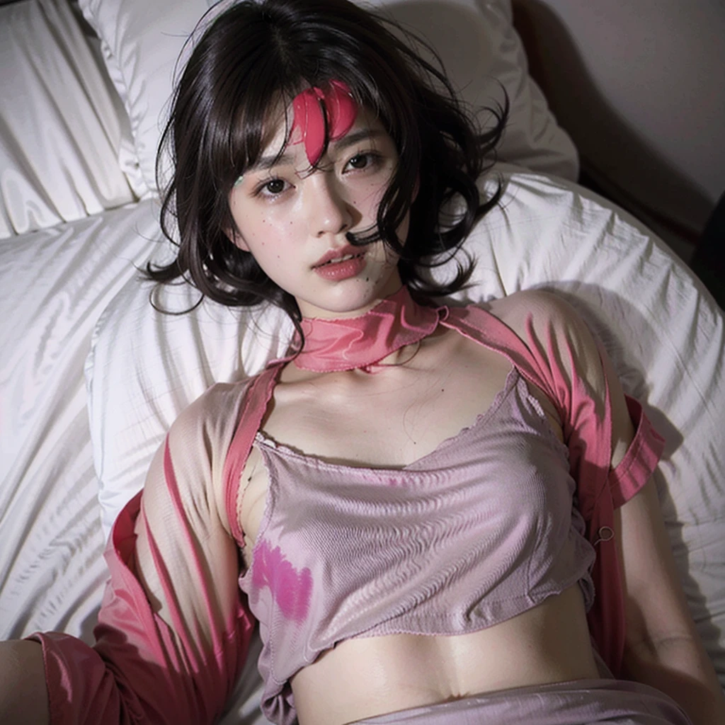 (Highest quality, 8K, 32k, masterpiece, Ultra-high resolution:1.2),Beautiful Japanese Women Photos, Rainbow clothes、Rainbow hoodie、Large Breasts, Very short bob hair,Red hair, necklace, Simple Background, From above, View your viewers,Red Hair、White background、
