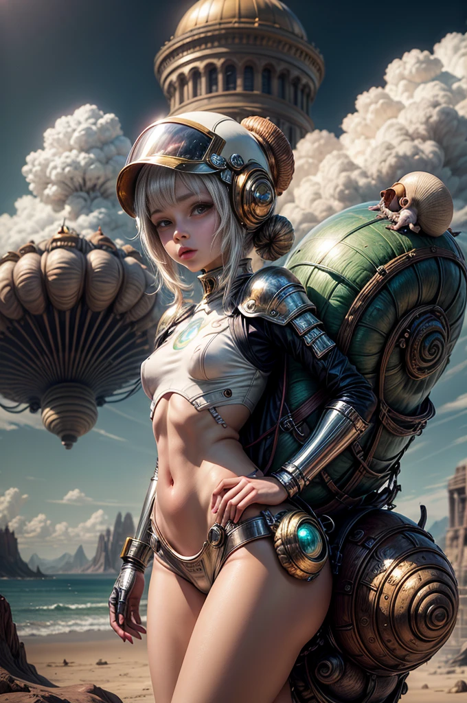 A cute woman (jet boots, jet pack, space adventurer bikini, laser pistol, future hairdo), is exploring an alien world covered in mushrooms and tiny goblin like creaures
