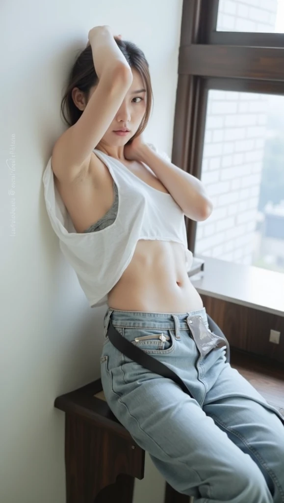 ((((absurdres, RAW photo, extremely delicate and beautiful, masterpiece, Best Quality, ultra high resolution, 32k, hyperrealistic, realistic, photorealistic, photo-realistic, ultra-detailed)))), in her 20s, very Slim body, narrow waist, very small head, very small face, delicate facial features, beautiful face, beautiful eyes, big round tits, medium hair, black hair, tearful mole, earring, ((full body shot)), bikini, cargo pants,