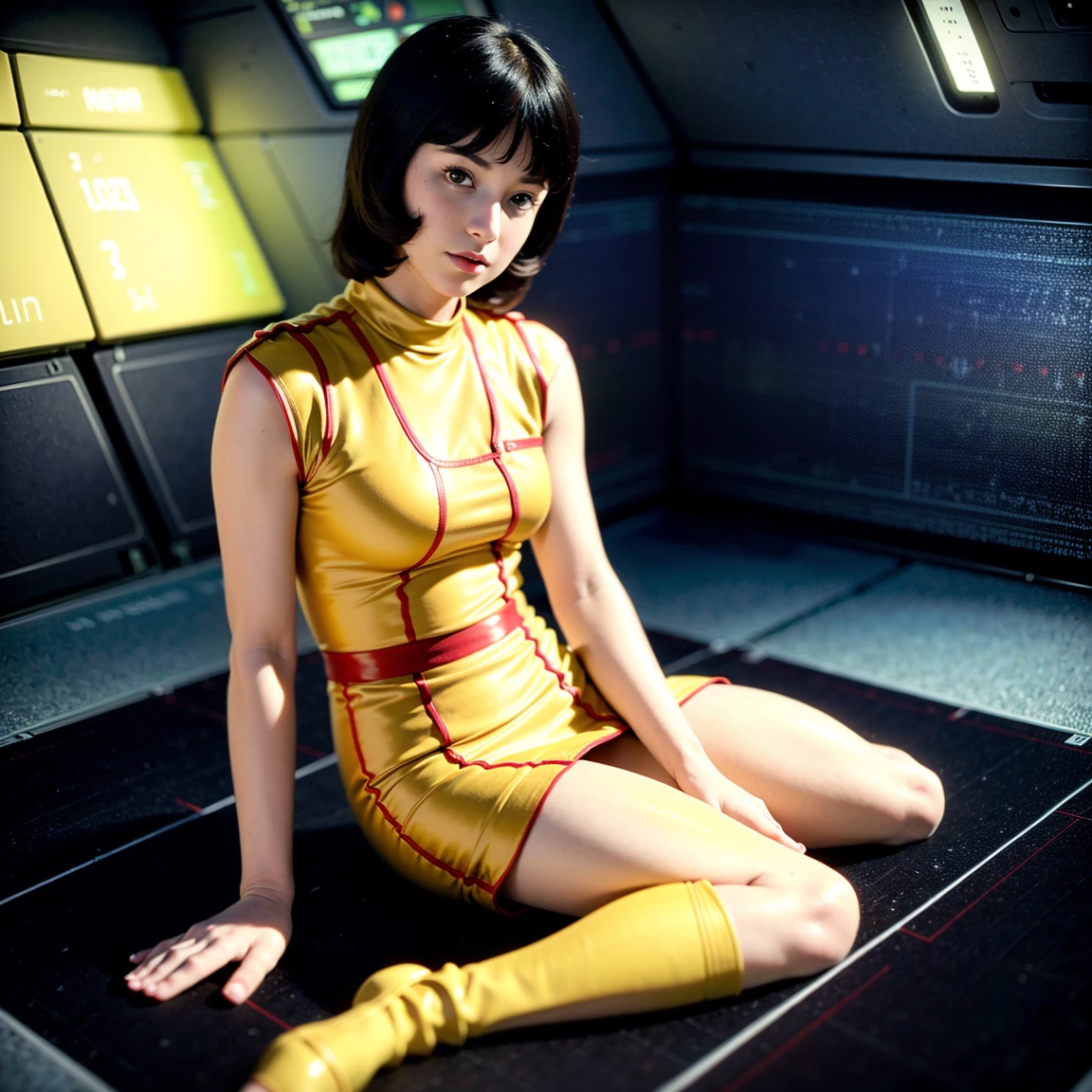 (8k、RAW Photos、Highest quality、masterpiece:1.2、Perfect Anatomy)、(Realistic、Realistic、Full body photo)、1 female、((A slightly sullen look))、short hair、(((A woman in her 30s wearing a Fa Yuiri costume)))、(Being inside a spaceship、Sitting)