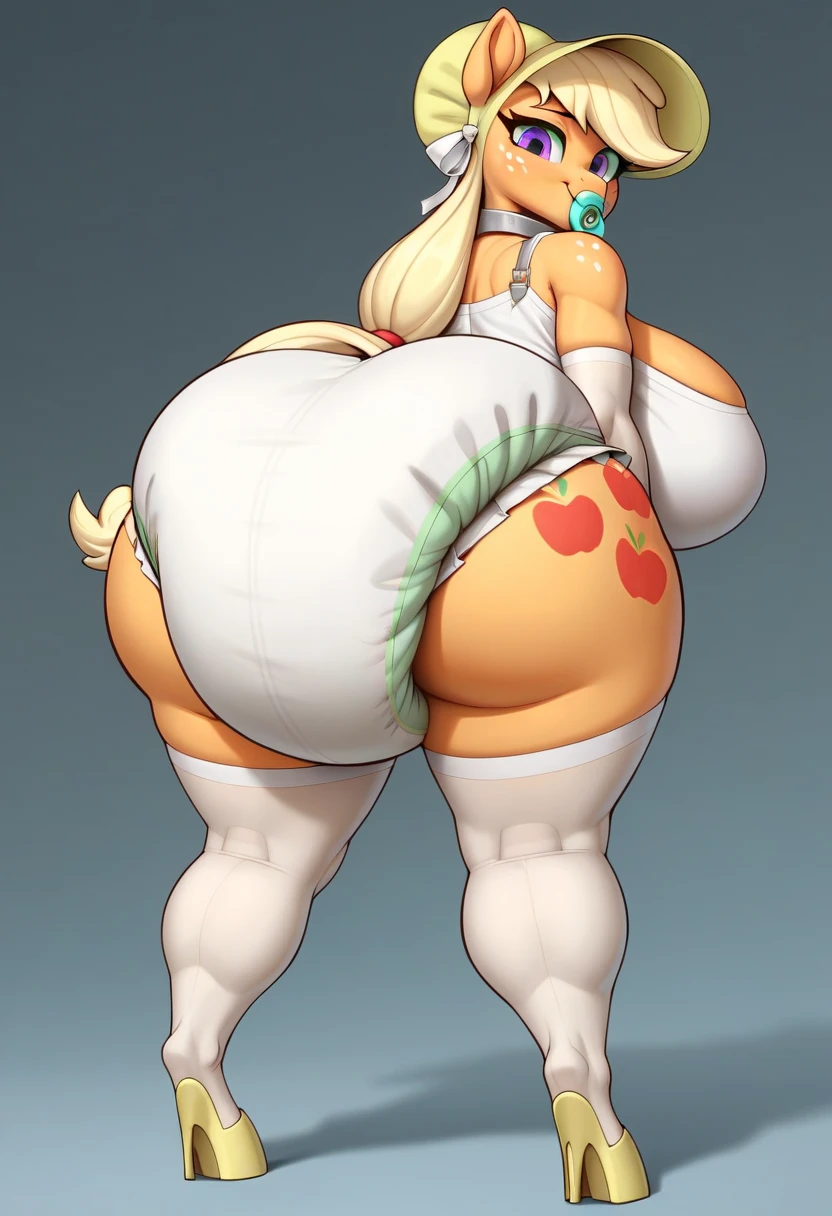 Cream the rabbit, (8-year-old girl), (morbidly obese), (very fat face), (double chin), huge belly, wide hips, huge butt, crop top, white panties, back view, bending over, presenting hindquarters, looking at viewer