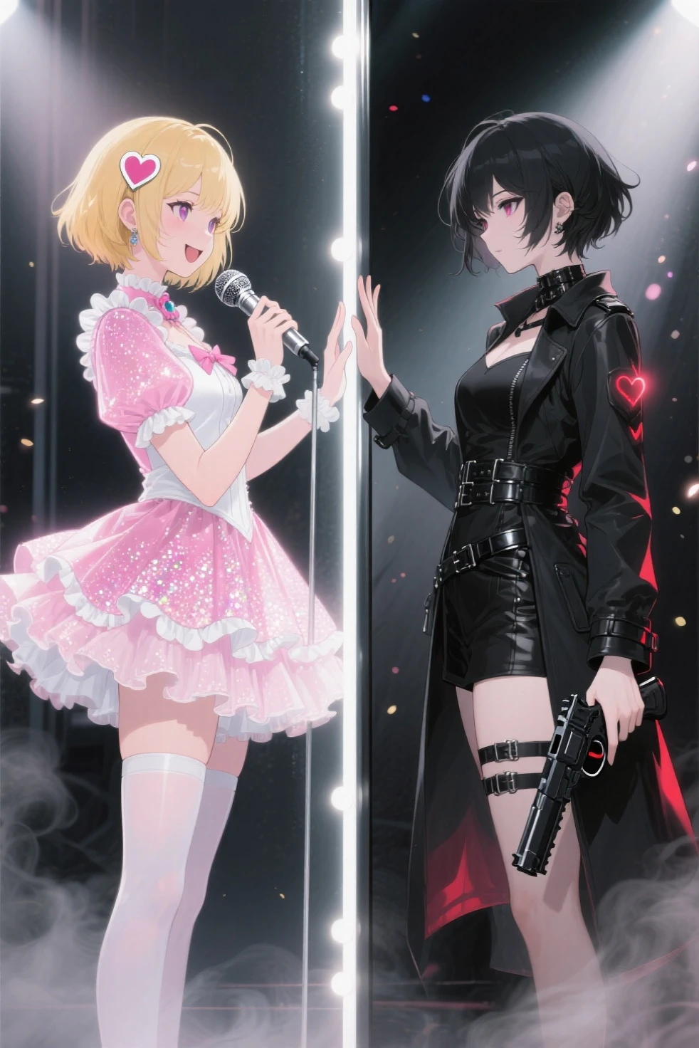 An anime illustration of a split-screen composition. It separated by an invisible mirror at the center.
Two versions of the same girl stand face to face in side view. On the left, her idol persona is glowing with soft stage lights. She has short blonde hair and wears a heart-shaped hair clip. Her outfit is a frilly pastel pink-white idol dress with glittering ruffles, a short layered skirt. She has pure, vibrant and joy expression, holding a silver microphone in her right hand, while her left hand reaches out to touch the mirror, creating a white soft glow at the point of contact.

On the right, her dark alter ego mirrors her exactly, but with a sharp contrast. She wears a sleek black combat outfit with a long coat, leather straps, and red glowing accents. Her black short hair is slightly tousled, eyes cold and focused. She holds a black handgun in her left hand, pointed downward. Her right hand reaches out to touch the mirror, creating a black soft glow at the point of contact

The lighting is split—soft spotlight and floating light particles on the idol side, moody shadows and faint smoke on the dark side. The invisible mirror itself reflects no environment, only the emotional tension between the two versions of herself. High resolution, high quality, high detail, rich in details, rich in colors, vibrant and bright colors.