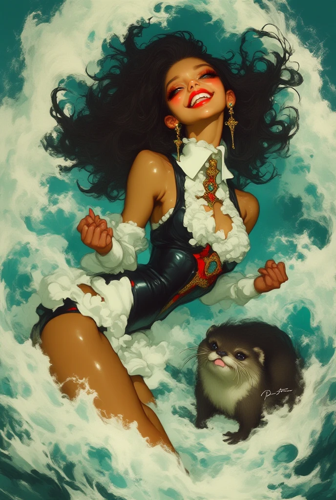 A lovely woman ((Cate Blanchett|Salma Hayek) Age 19, waist length black hair) wearing a colorful bikini, is chasing a puppy that stole her top, laughter, panic, show her full body