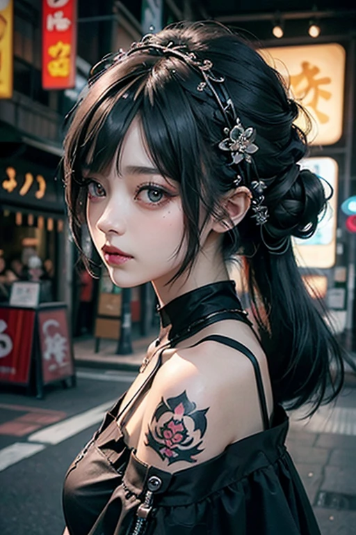 Highest quality、masterpiece：1.3、Gothic Punk、Gray Black Hair、hair ornaments、beautiful girl、creative、Punk Shirt、Neogoth、Goth Fashion：1.2、High resolution、masterpiece、Highest quality、頭w:1.3、((Hasselblad Photos))、Fine skin、Sharp focus、(Cinema Lighting)、Explore Tokyo;City of night, Forehead open, 19 years old、Hair back、Shoulder Bare、Small red rose tattoo on the décolletage、