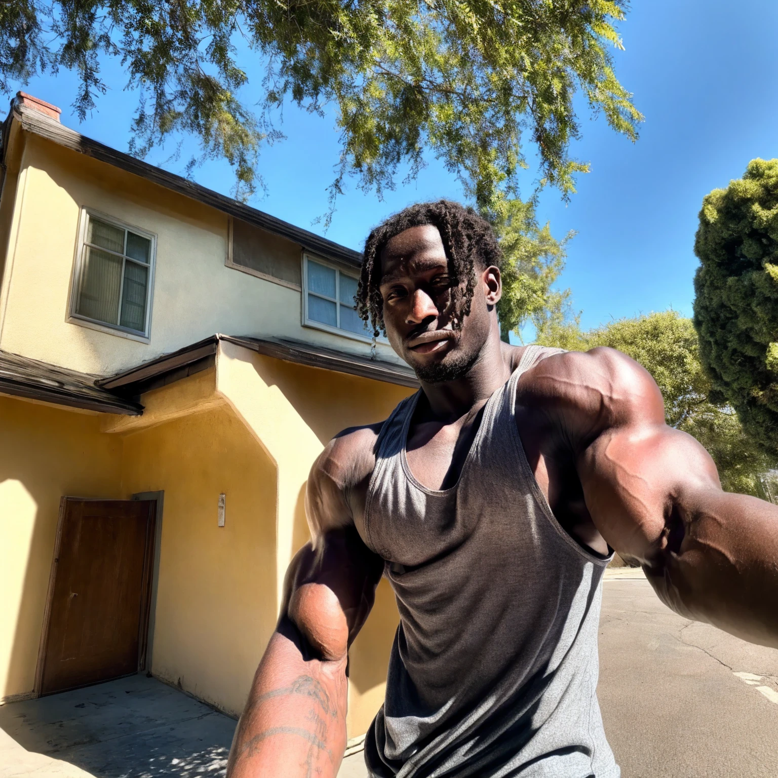 (K1ngabdul), african male, muscle, fitness, dark skin, black, fit, 1boy, facial hair, male focus, dark skin, solo, realistic, dark-skinned male, beard, photo background, road, tree, very dark skin, outdoors, tank top, day, black hair, street, smile, muscular, house, sky, RAW, hyper detailed photorealistic, life-like, accurate, proportional, sharp focus, (accurate cinematic lighting), photorealistic detail, (selective focus:0.6)   photo of perfect eyes, large biceps 
