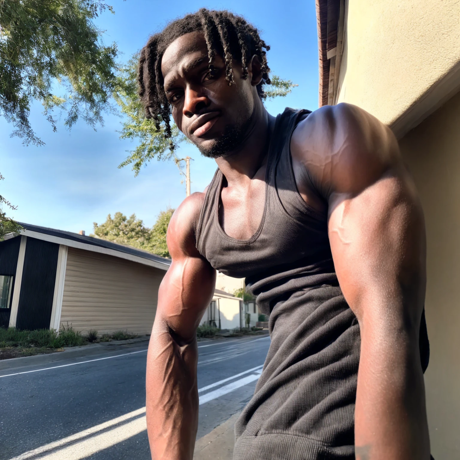 (K1ngabdul), african male, muscle, fitness, dark skin, black, fit, 1boy, facial hair, male focus, dark skin, solo, realistic, dark-skinned male, beard, photo background, road, tree, very dark skin, outdoors, tank top, day, black hair, street, smile, muscular, house, sky, RAW, hyper detailed photorealistic, life-like, accurate, proportional, sharp focus, (accurate cinematic lighting), photorealistic detail, (selective focus:0.6)   photo of perfect eyes, large biceps 