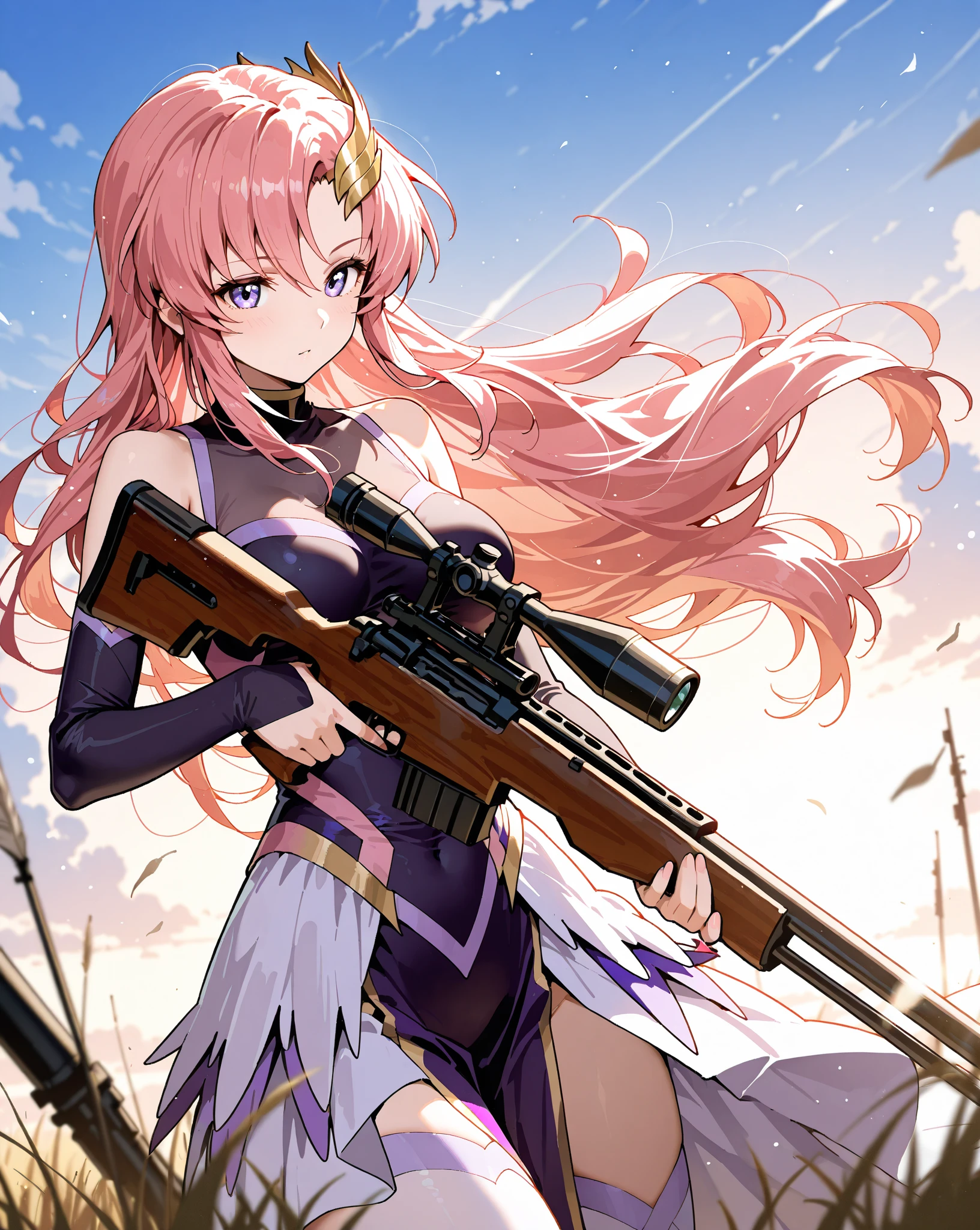 1 girl, agkmine, mine, pelo largo, twin tails, cabello rosado, (Ojos rosados:1.3), ROMPER bikini ,Pistola gatling, carcasa, mirando al espectador, golpes, ammunition belt, guantes,sagging breasts,disparo,En la imagen, A beautiful girl in a bikini with a Japanese tattoo.,Aparece cabello largo con cabello ????? desordenado.,el rostro delicado,Usando un bikini de metal,parado sobre ruinas,Action of a woman holding a heavy sniper rifle in her hand.