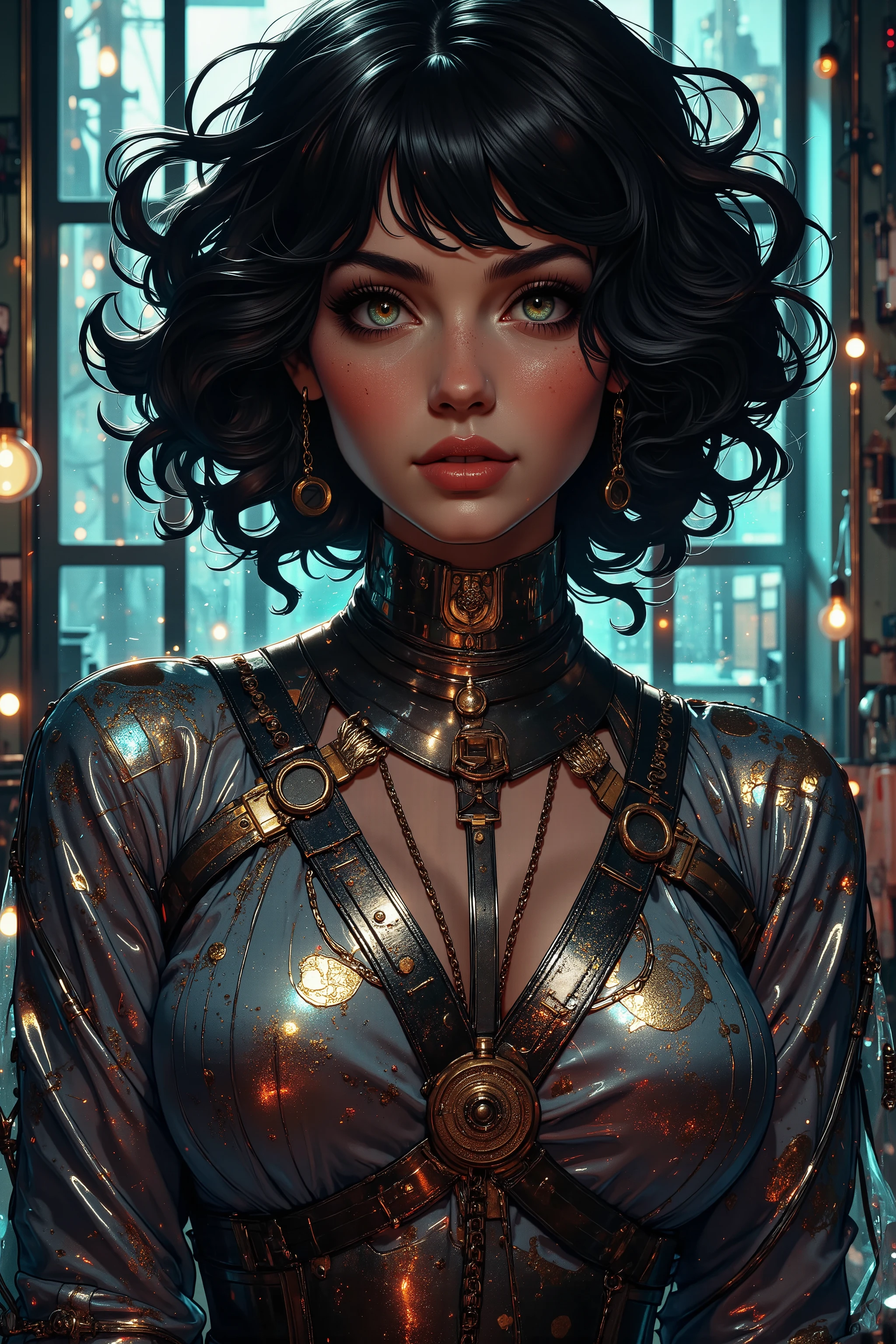 Ebony girl naked in glass body and plastic jewelry, Highly Detailed Face and Skin Texture, (((black skin:1.25))), (big green eyes), slim face, juicy lips, bimbo lips, big puffy breast, (((gold breastplates))), ((afro curly red hair)), black skin, Detailed Eyes, Double Eyelids, cyberpunk gold metal jewelry BDSM, gold metal cyberpunk tapes on body, metal Collar, metal gold futuristic tiny Panties t-strings, metal Tiny panties, metal stickini, metal cupless bra, metal clothes, gold body jewelry, wet skin, she is naked. White skin, she is on the futuristic cyberpunk white and Black room in the spacecraft. Ring in the nose.